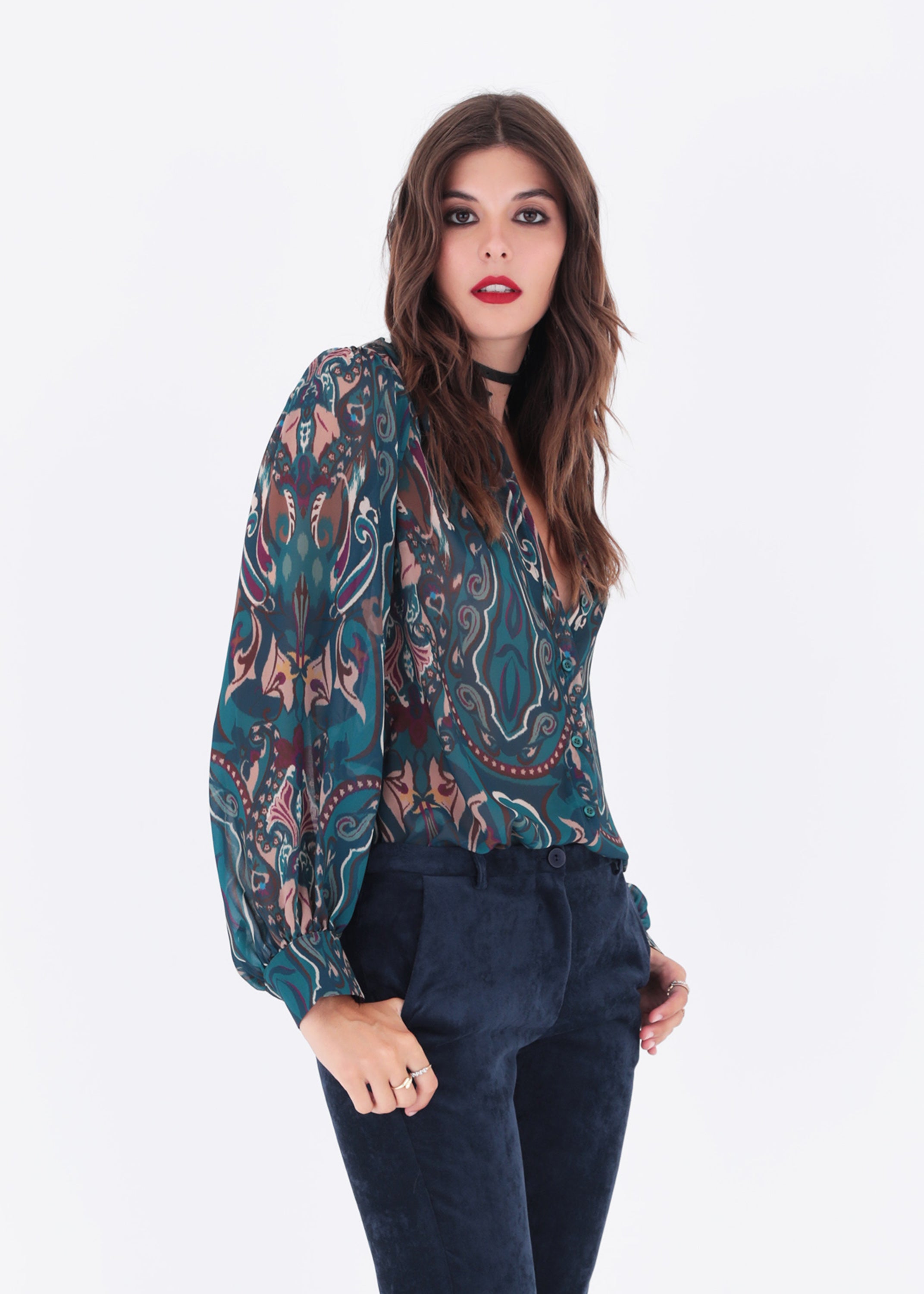 Camicia alla coreana in georgette fantasia - FW23