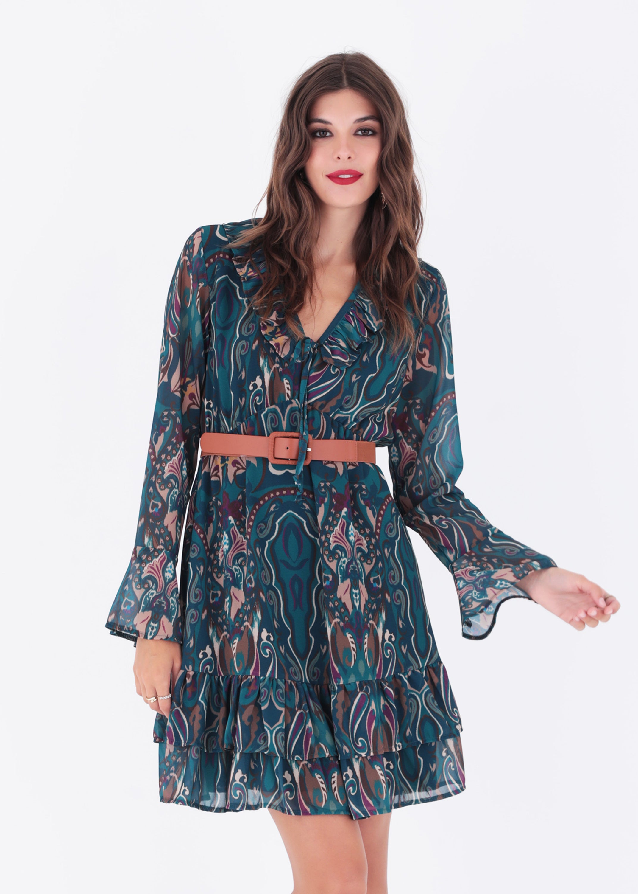 Abito corto in georgette fantasia con rouches - FW23