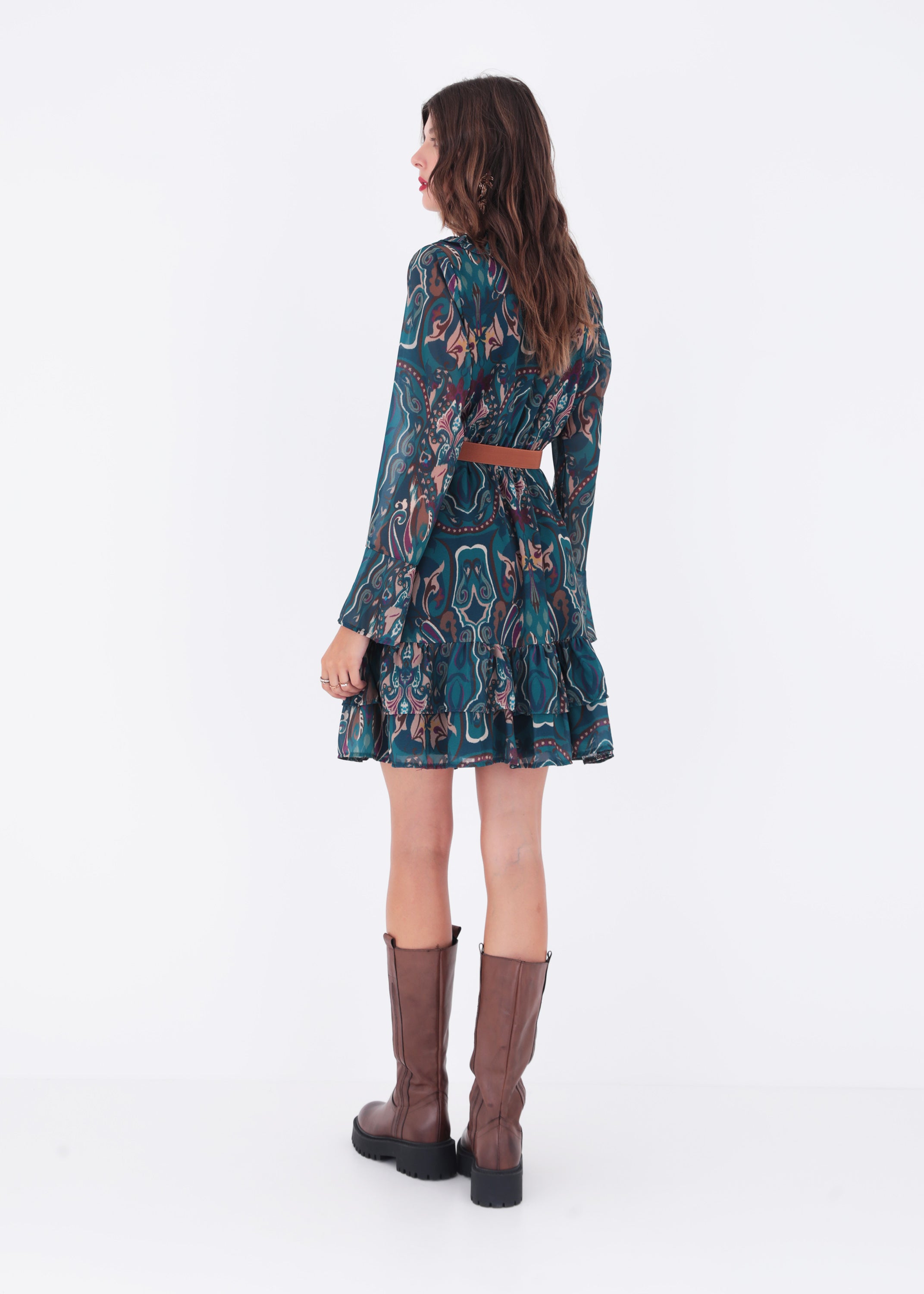Abito corto in georgette fantasia con rouches - FW23
