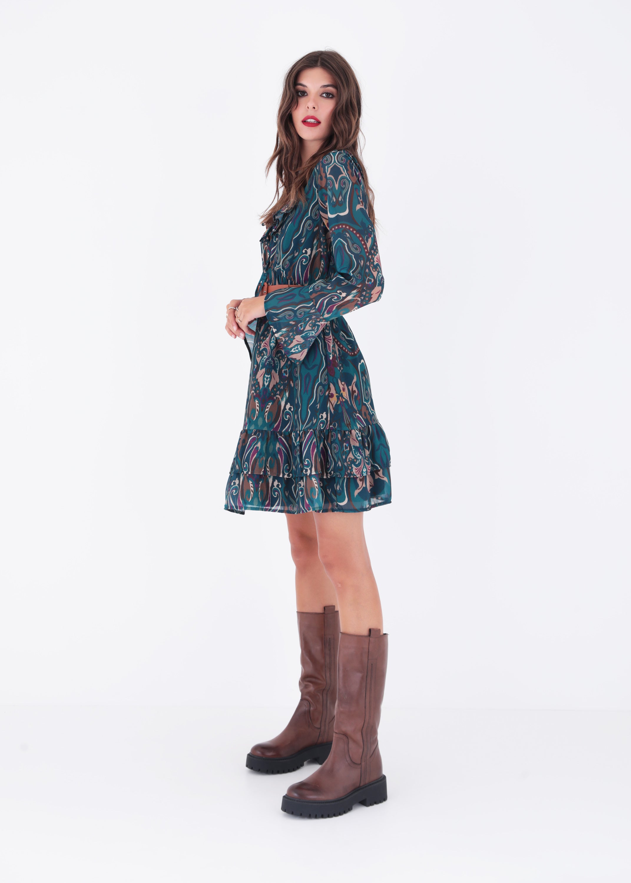 Abito corto in georgette fantasia con rouches - FW23