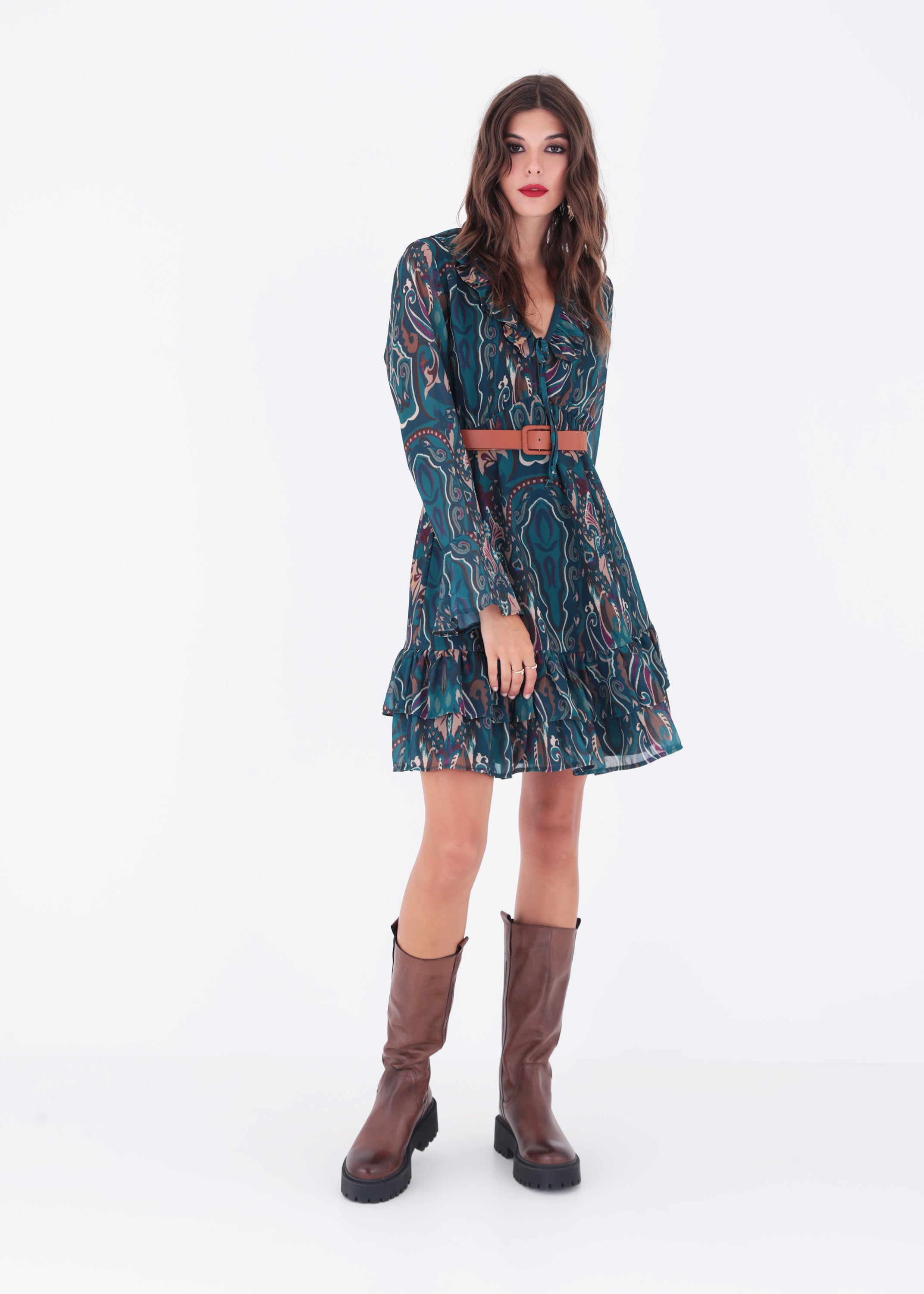 Abito corto in georgette fantasia con rouches - FW23