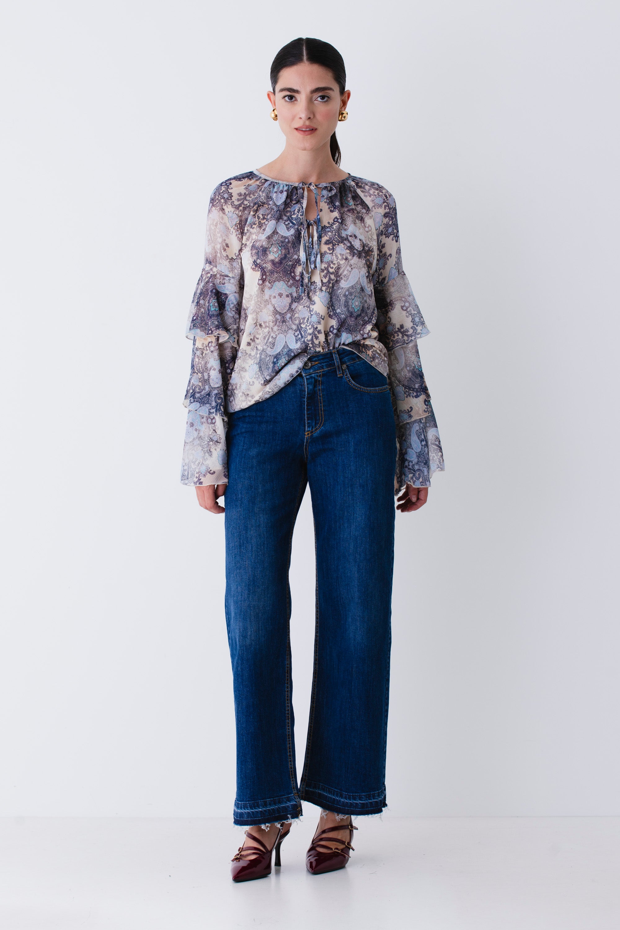 Blusa con balze in georgette fantasia cachemire - FW26