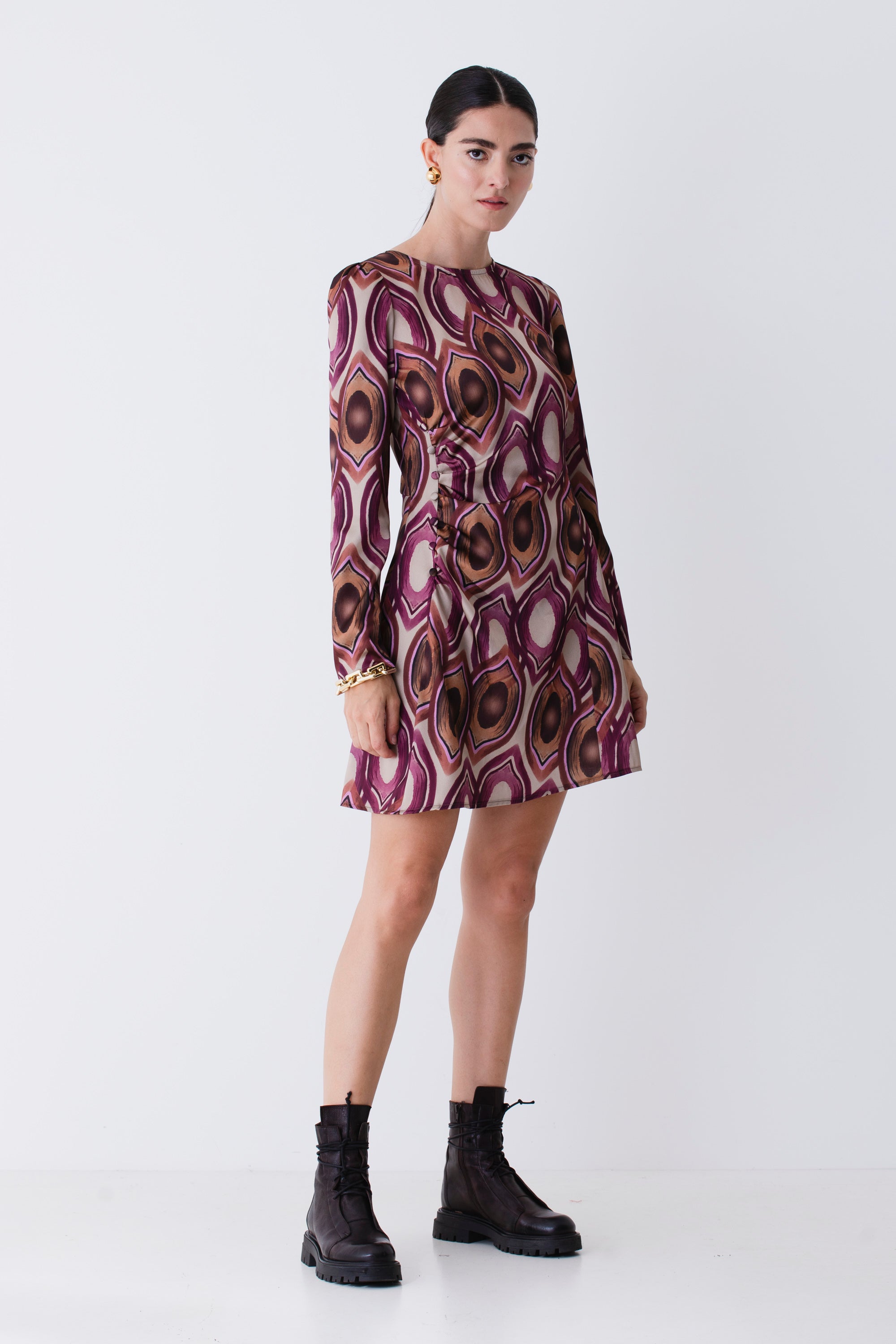 Abito corto con drappeggio in raso fantasia geometrica - FW26