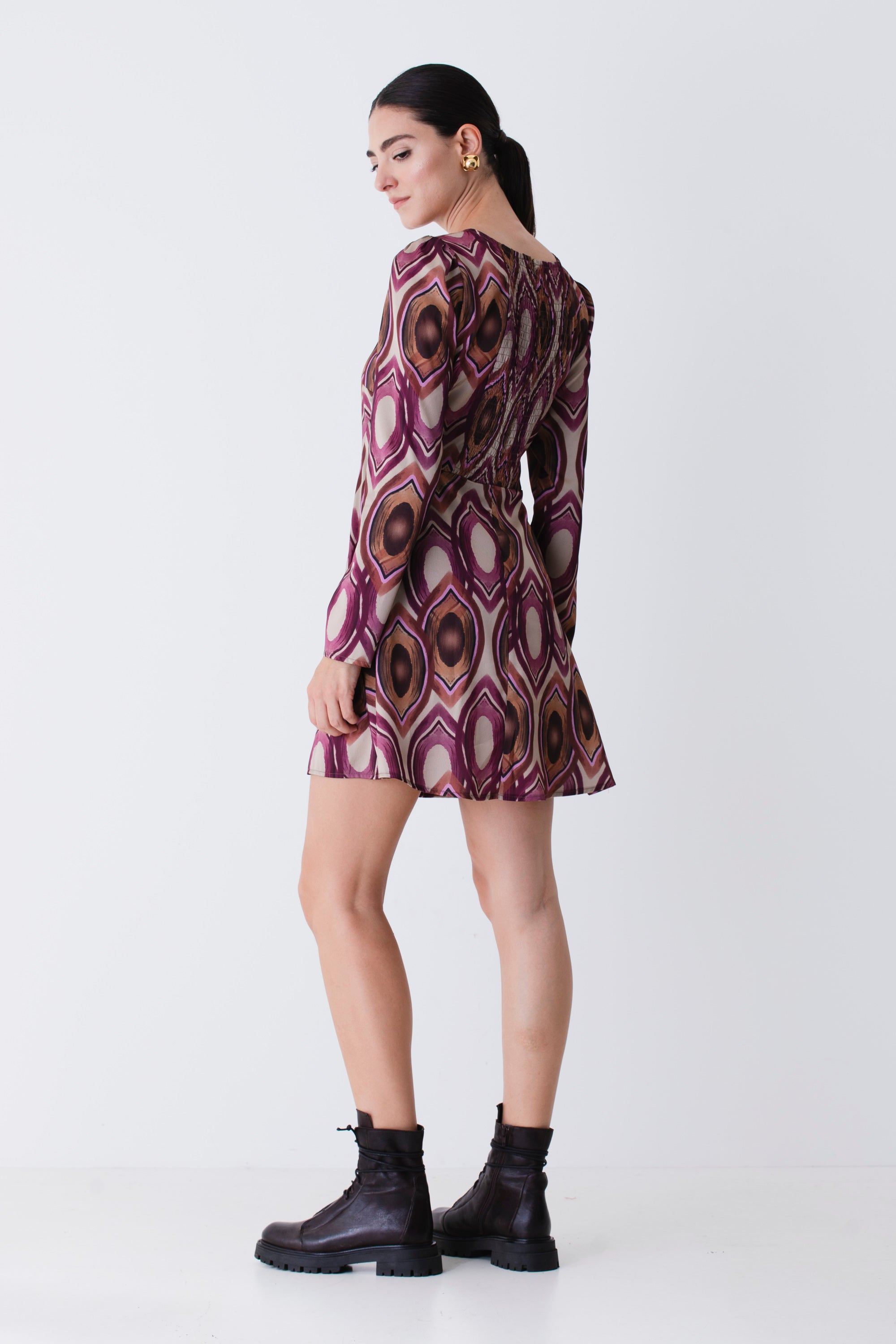 Abito corto con drappeggio in raso fantasia geometrica - FW26