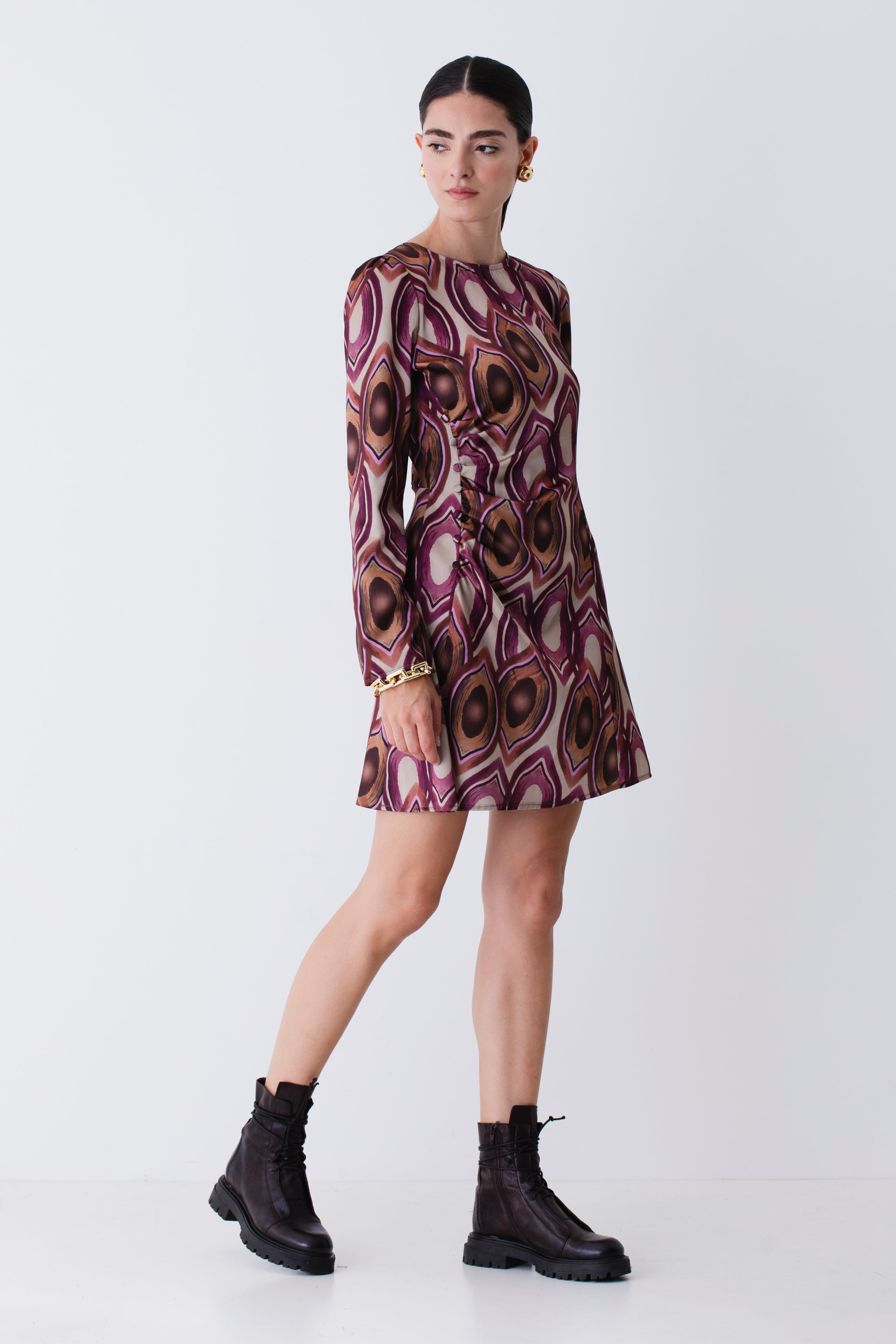 Abito corto con drappeggio in raso fantasia geometrica - FW26