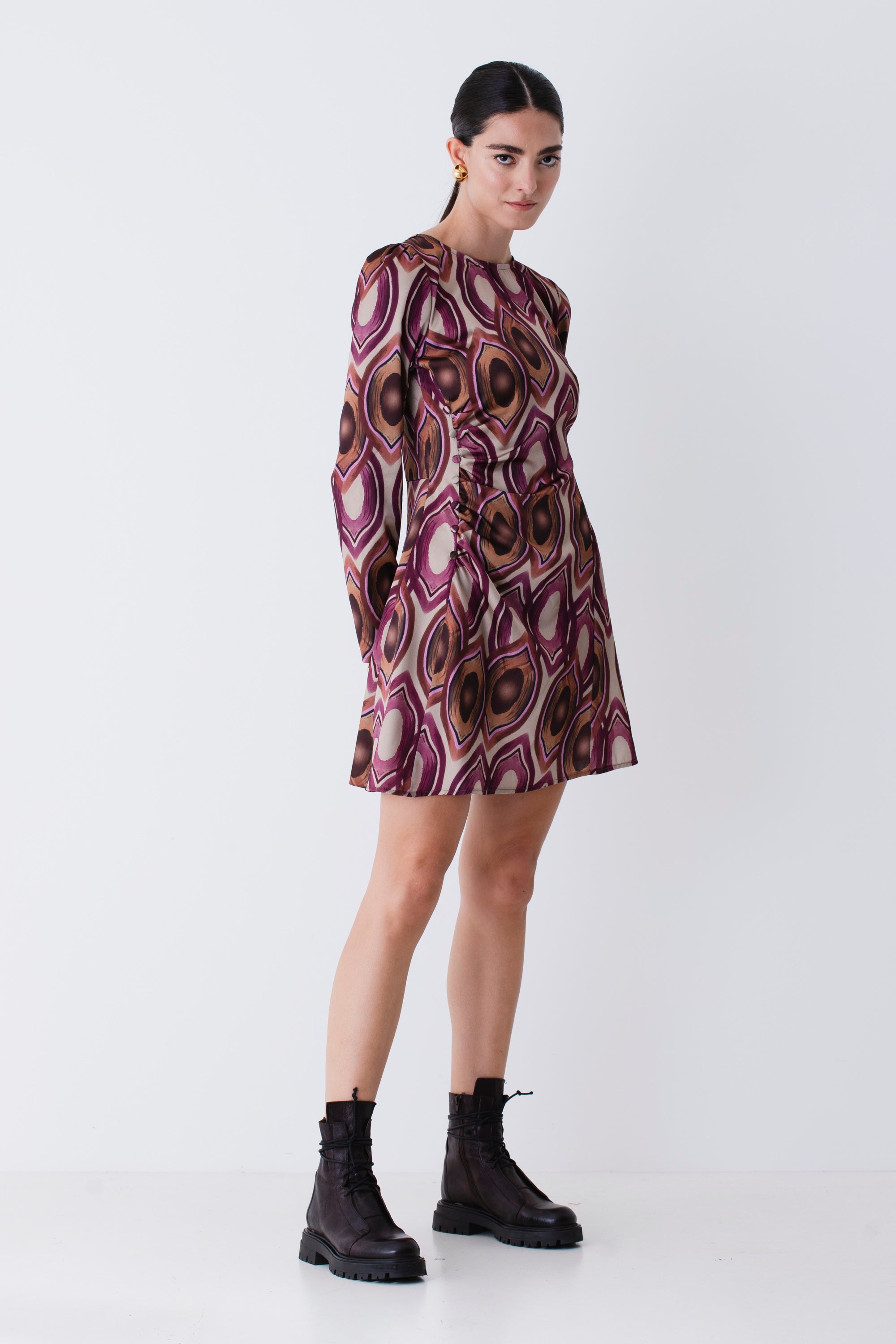 Abito corto con drappeggio in raso fantasia geometrica - FW26