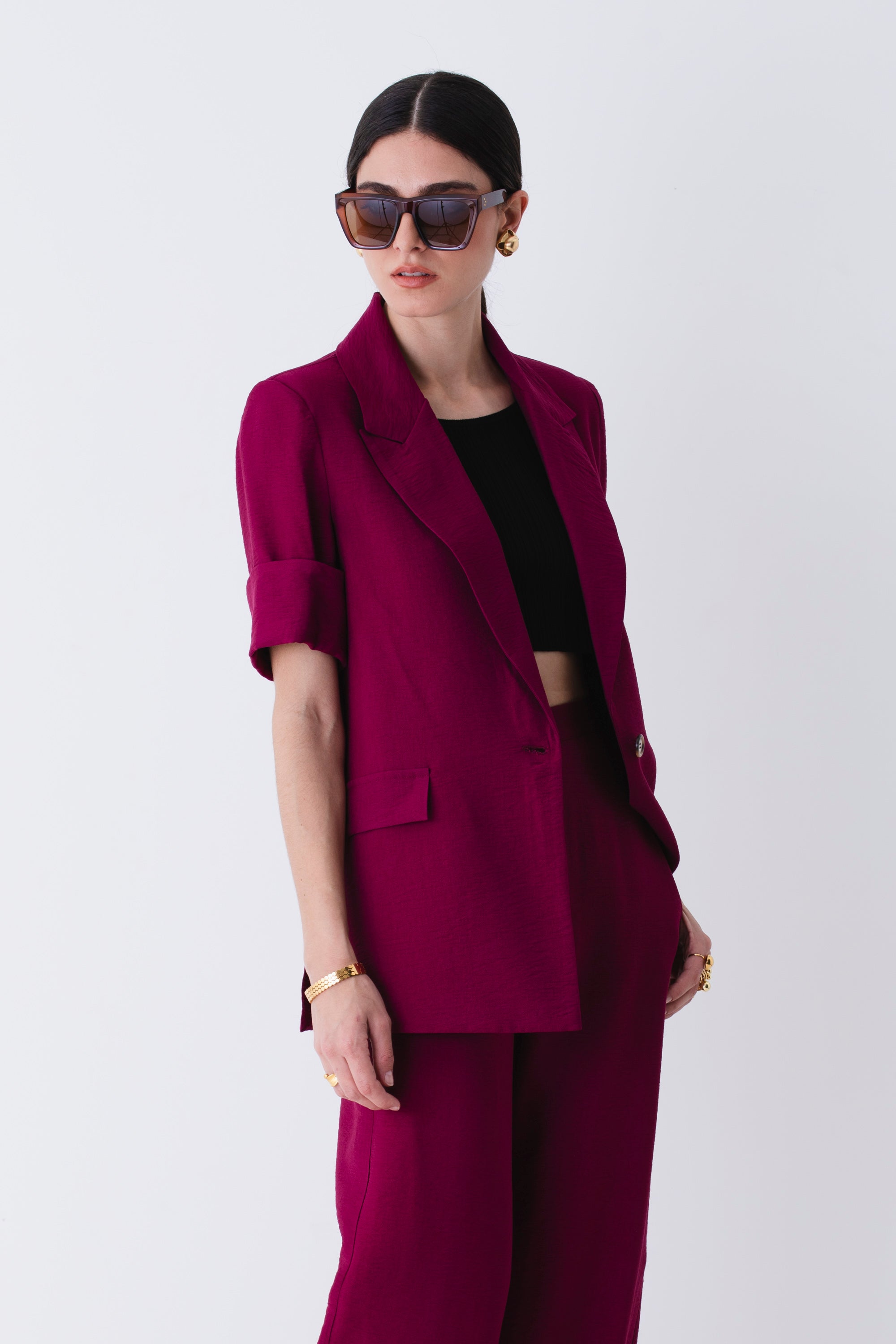 Blazer ad un petto con maniche corte in viscosa effetto mosso - PE25