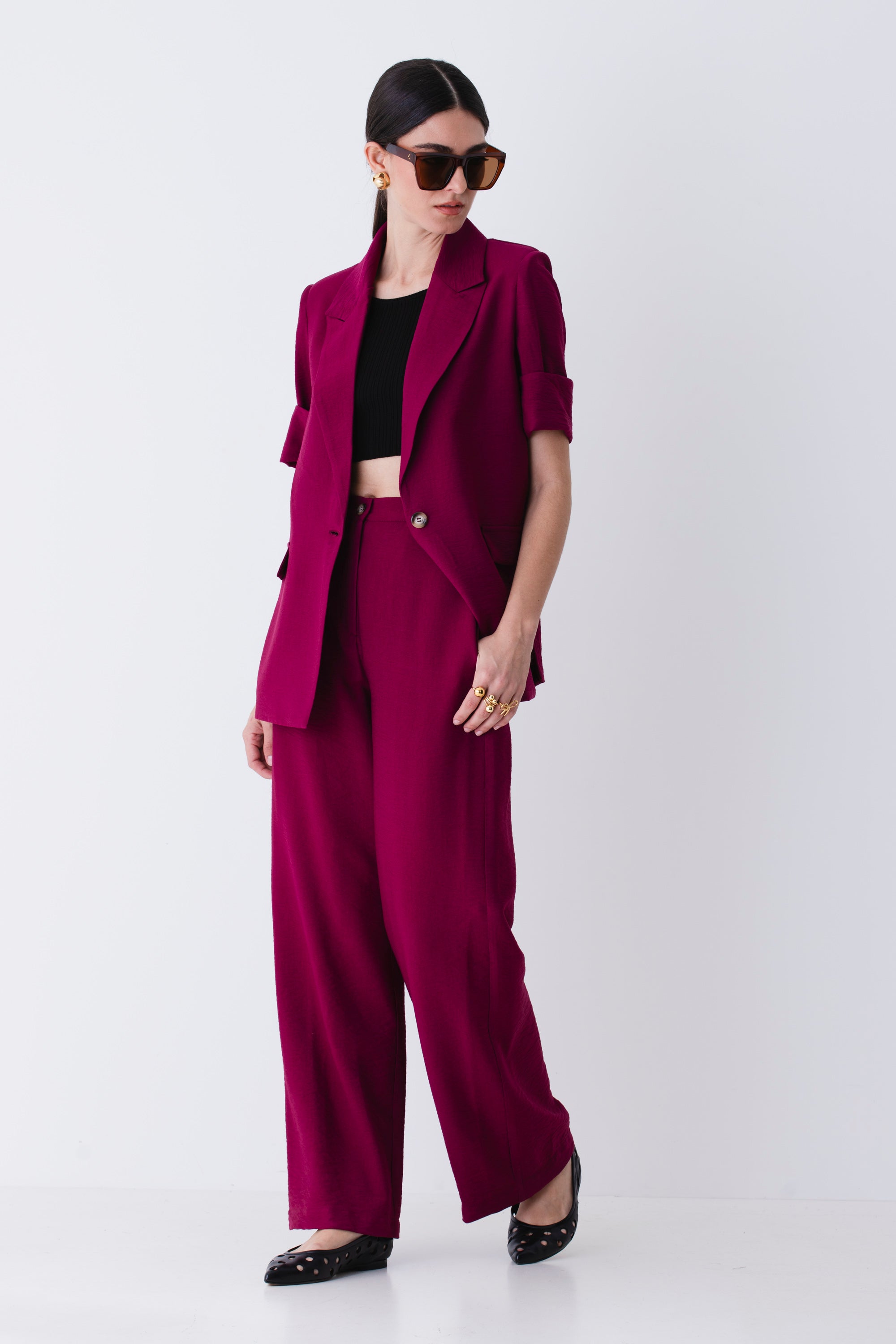 Blazer ad un petto con maniche corte in viscosa effetto mosso - PE25