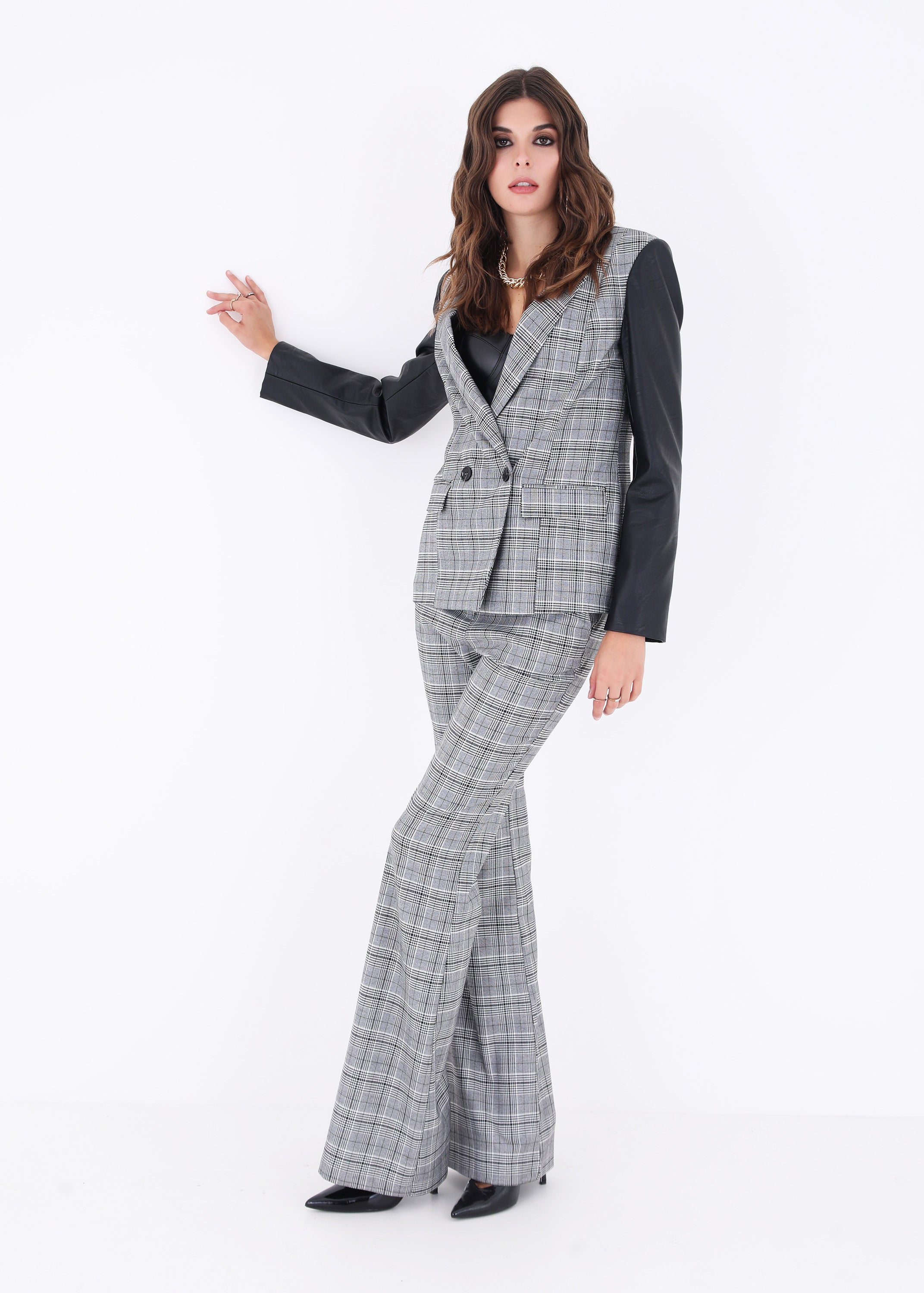 Blazer doppio petto in galles con inserti in ecopelle - FW23