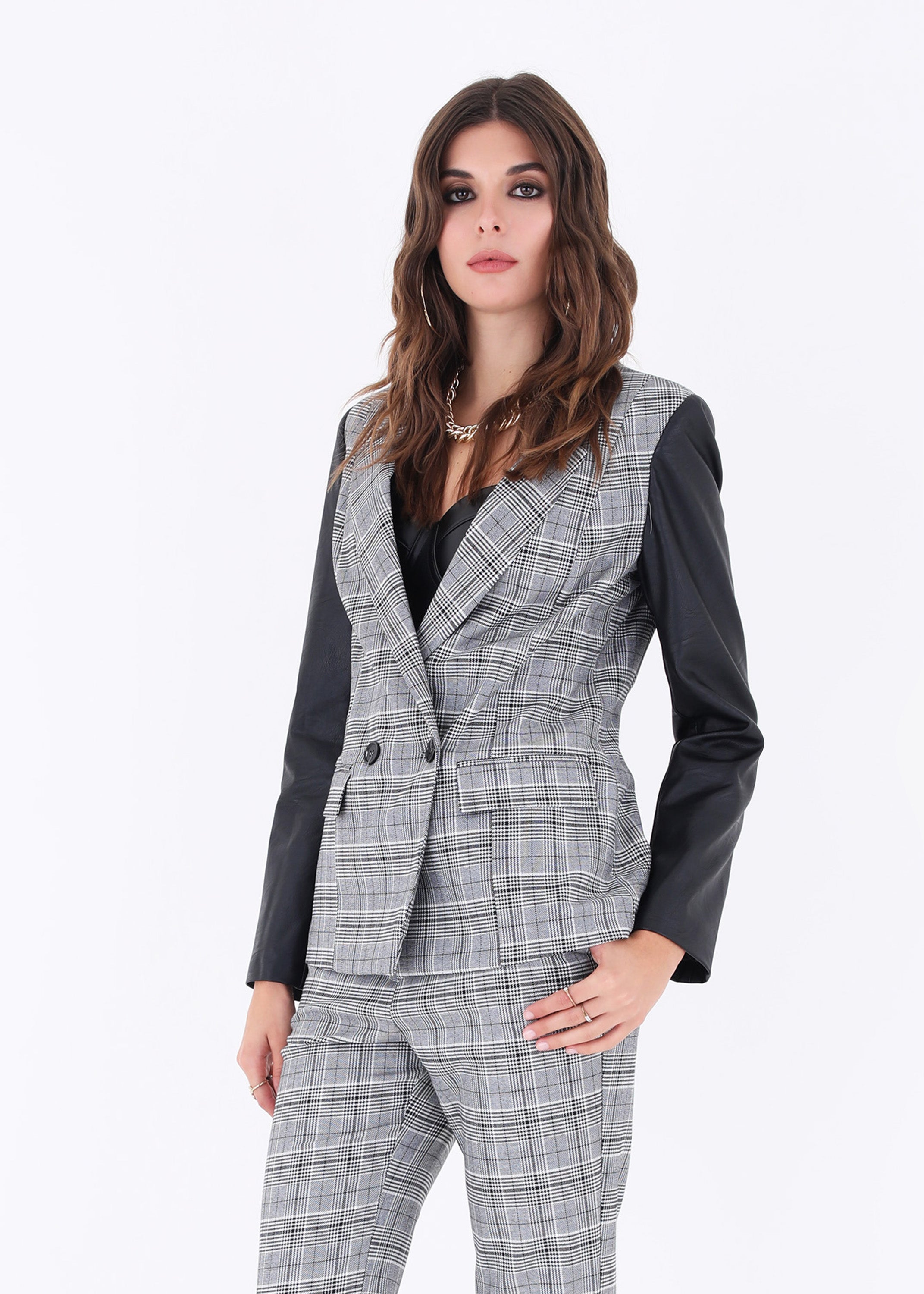 Blazer doppio petto in galles con inserti in ecopelle - FW23