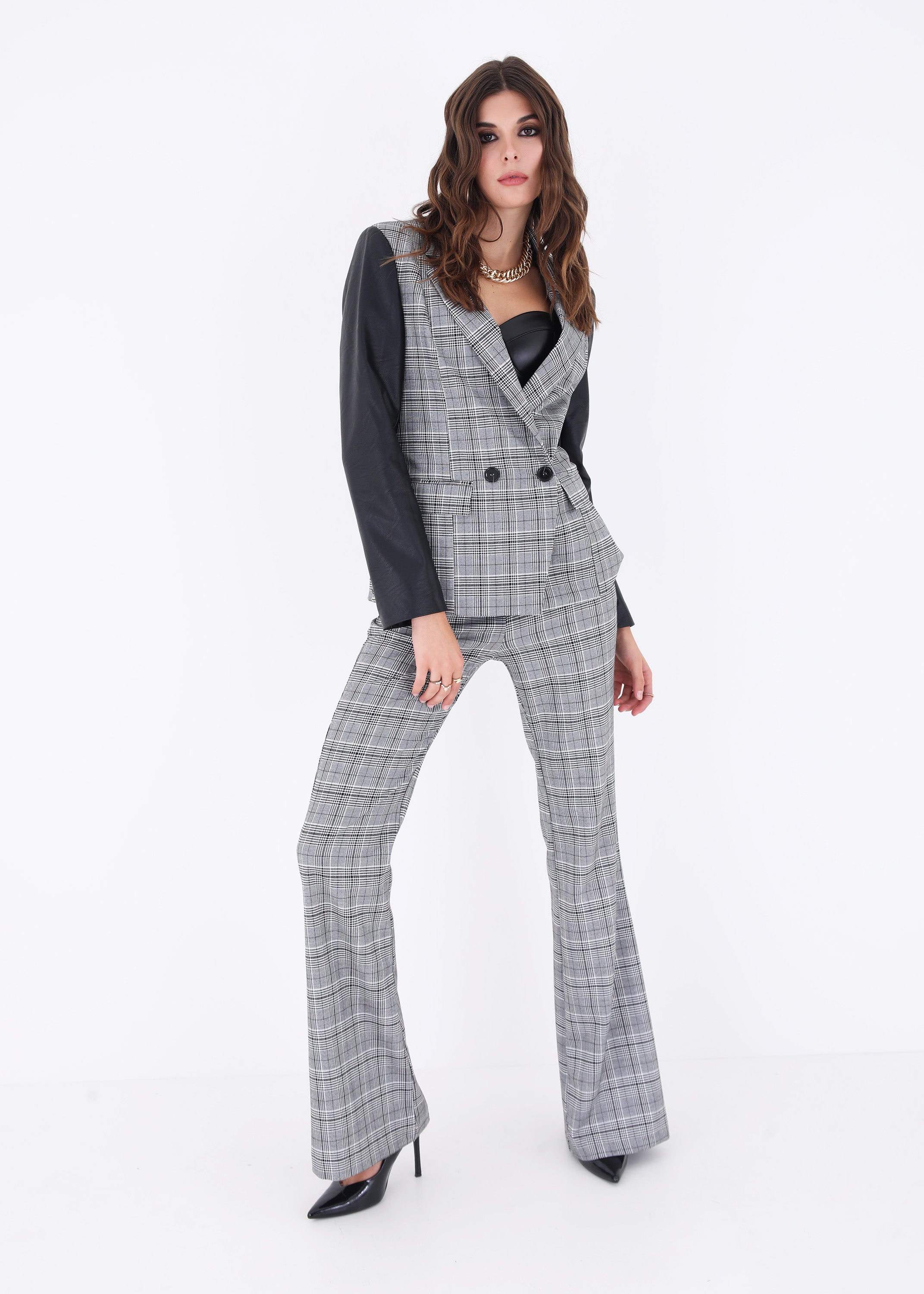 Blazer doppio petto in galles con inserti in ecopelle - FW23