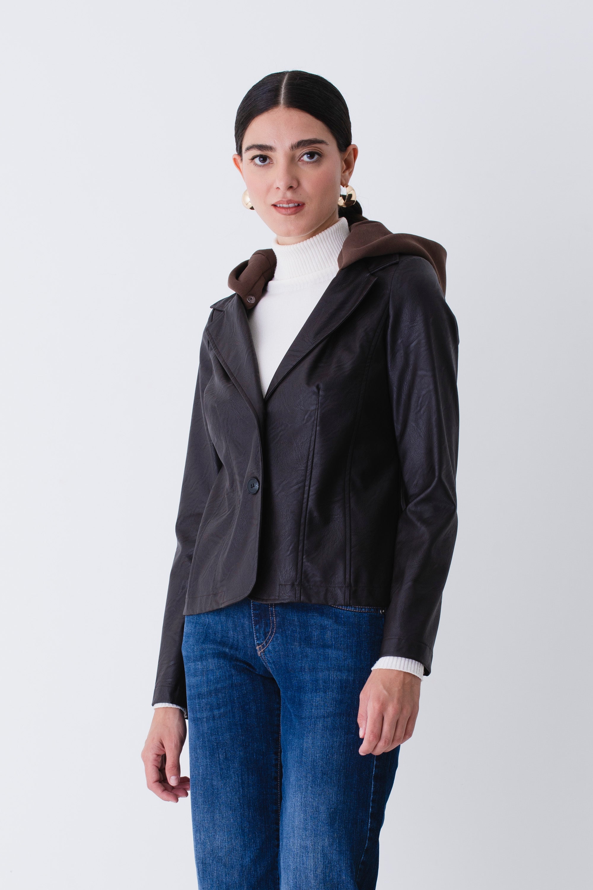 Giacca in similpelle con cappuccio in felpa - FW26