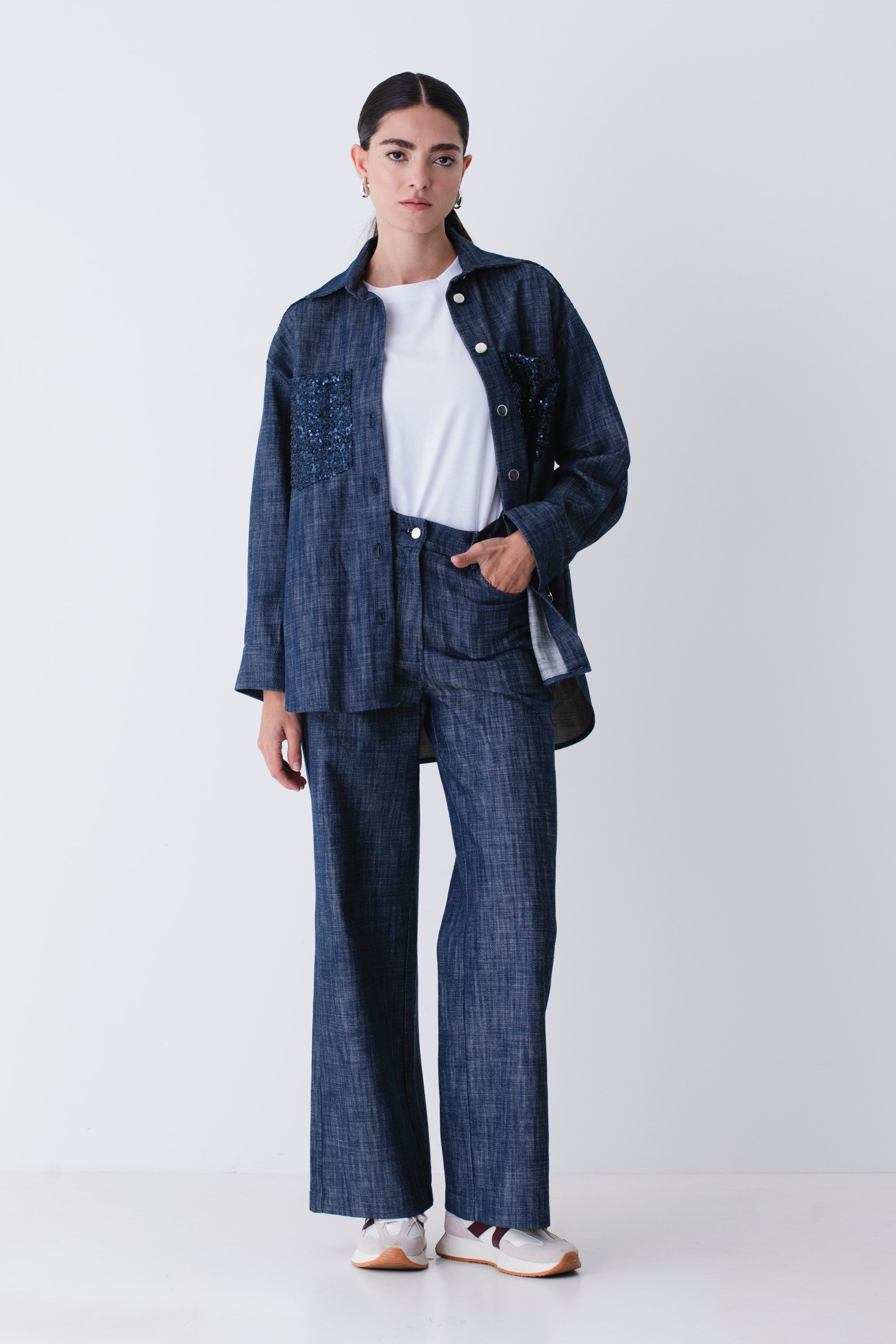 Camicia over in finto jeans con paillettes - FW26