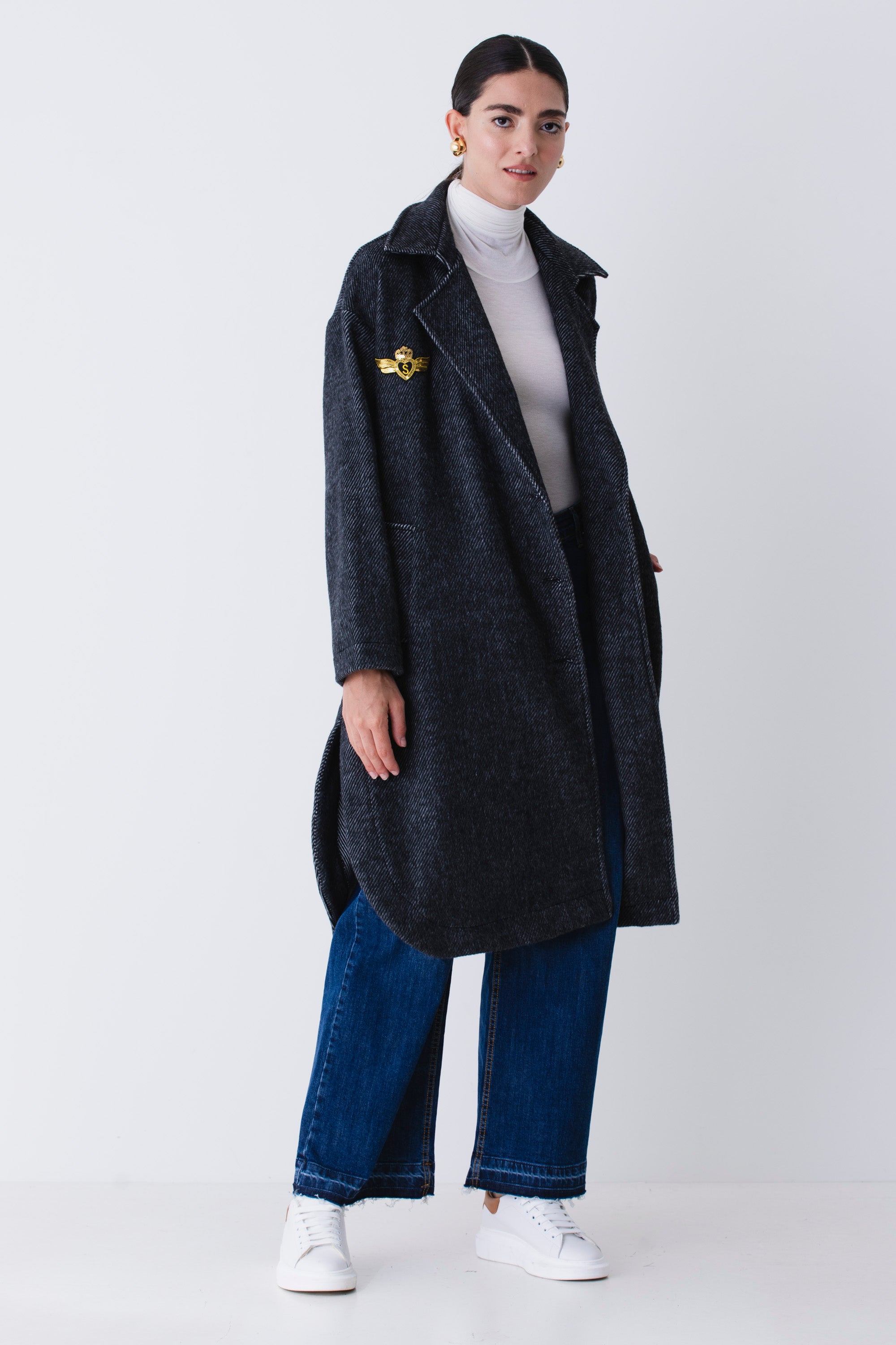 Cappotto over spinato con patch in misto lana - FW26