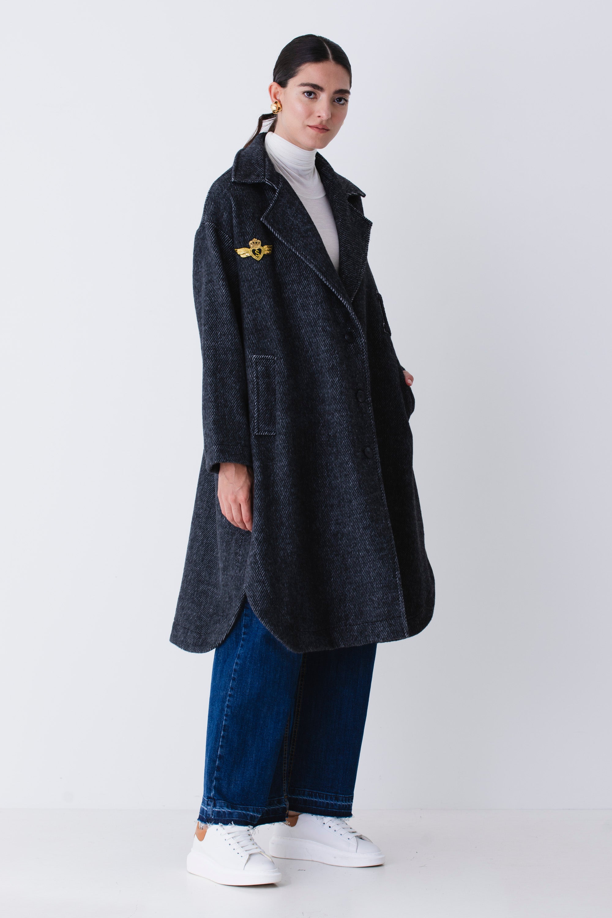 Cappotto over spinato con patch in misto lana - FW26