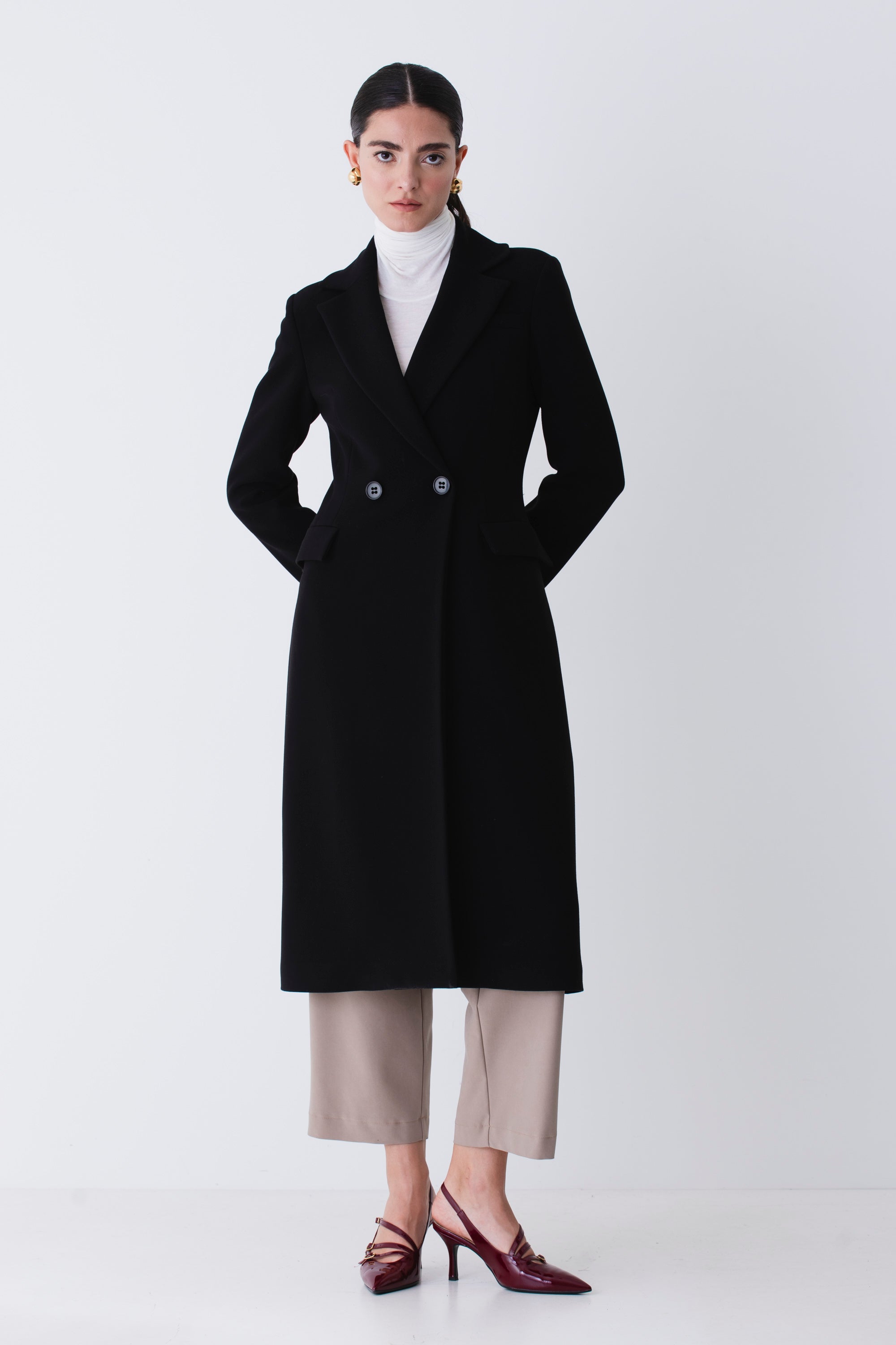 Cappotto lungo doppio petto in triplo crepe - FW26