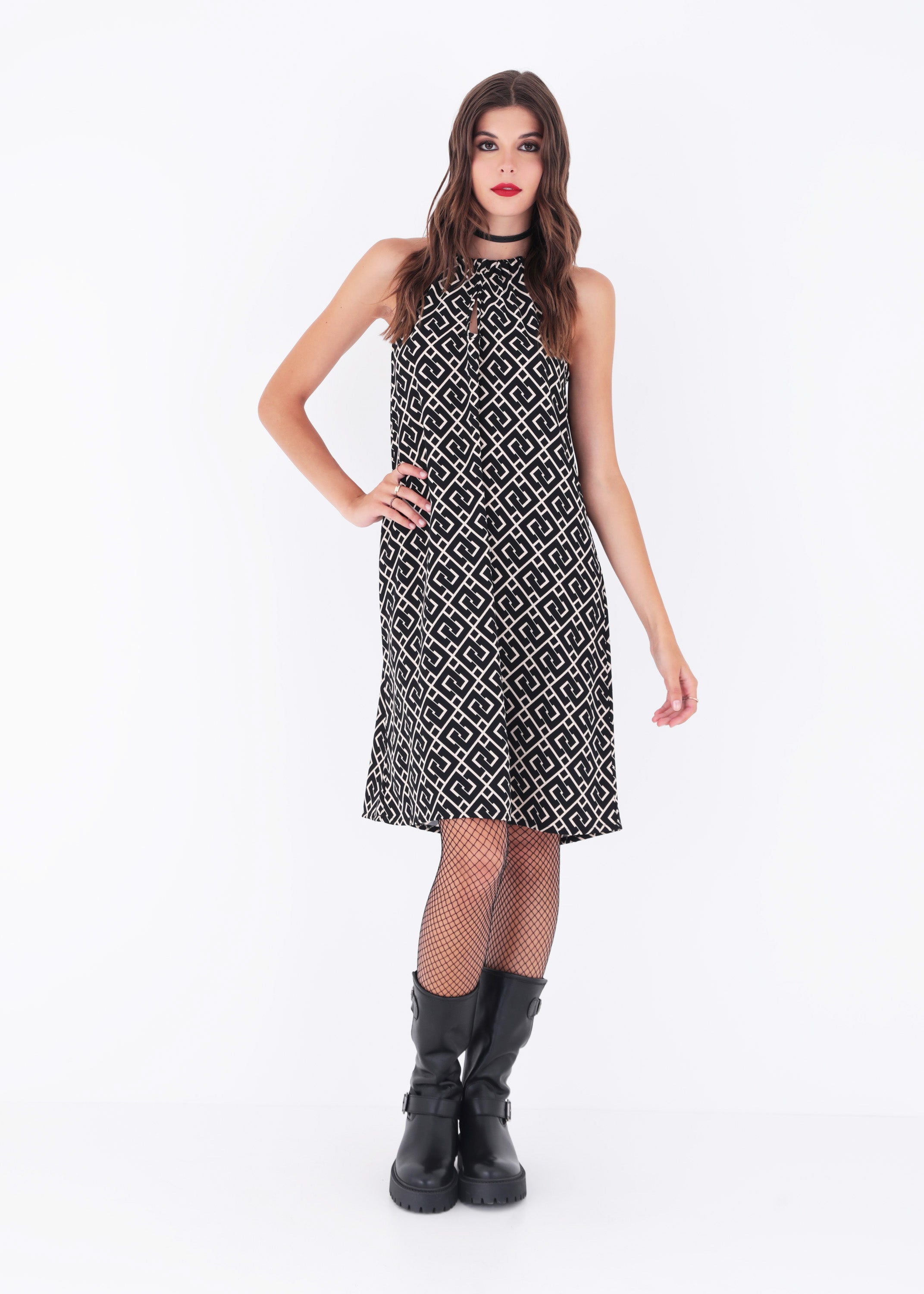 Abito corto in cady fantasia geometrica - FW23