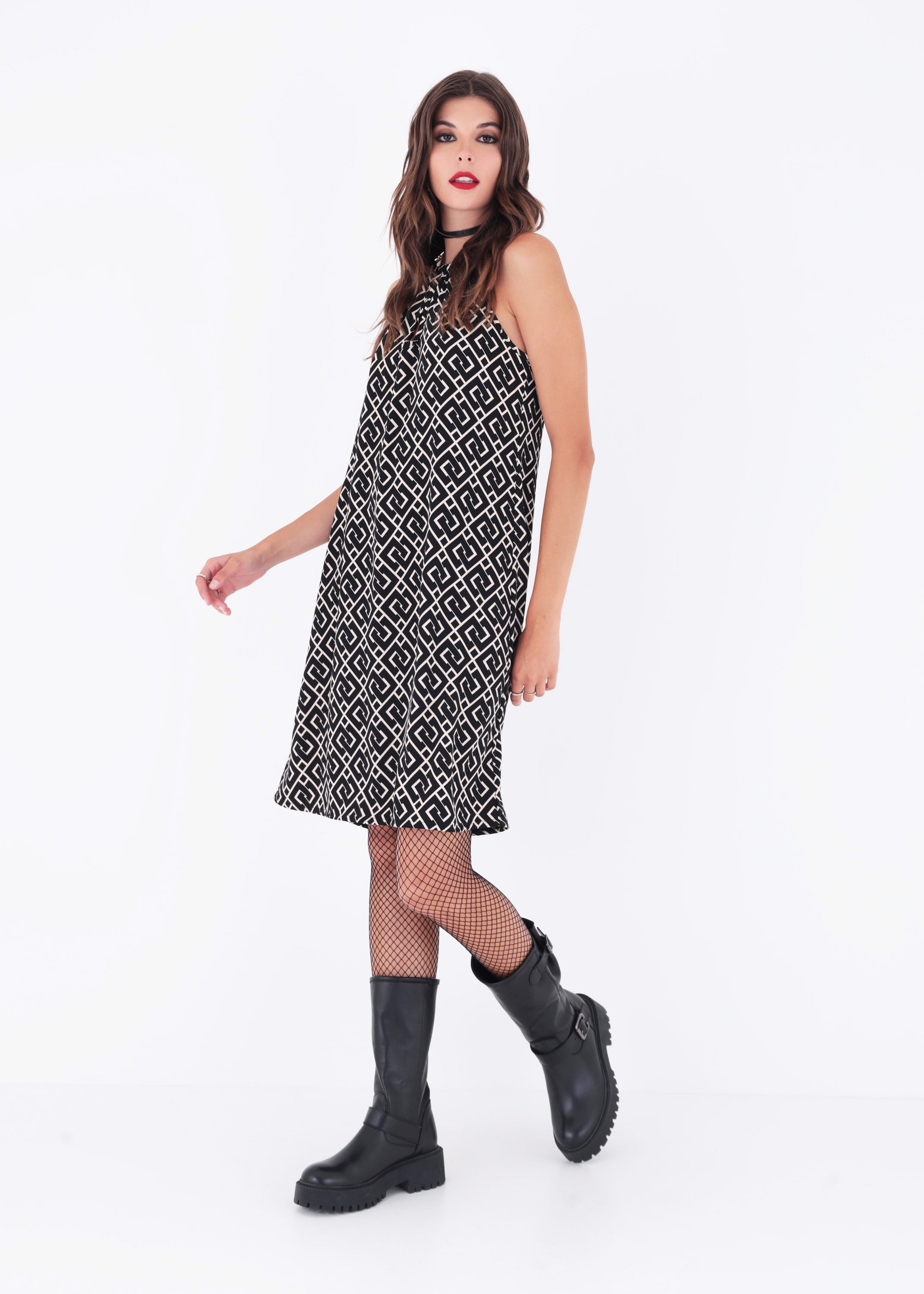 Abito corto in cady fantasia geometrica - FW23