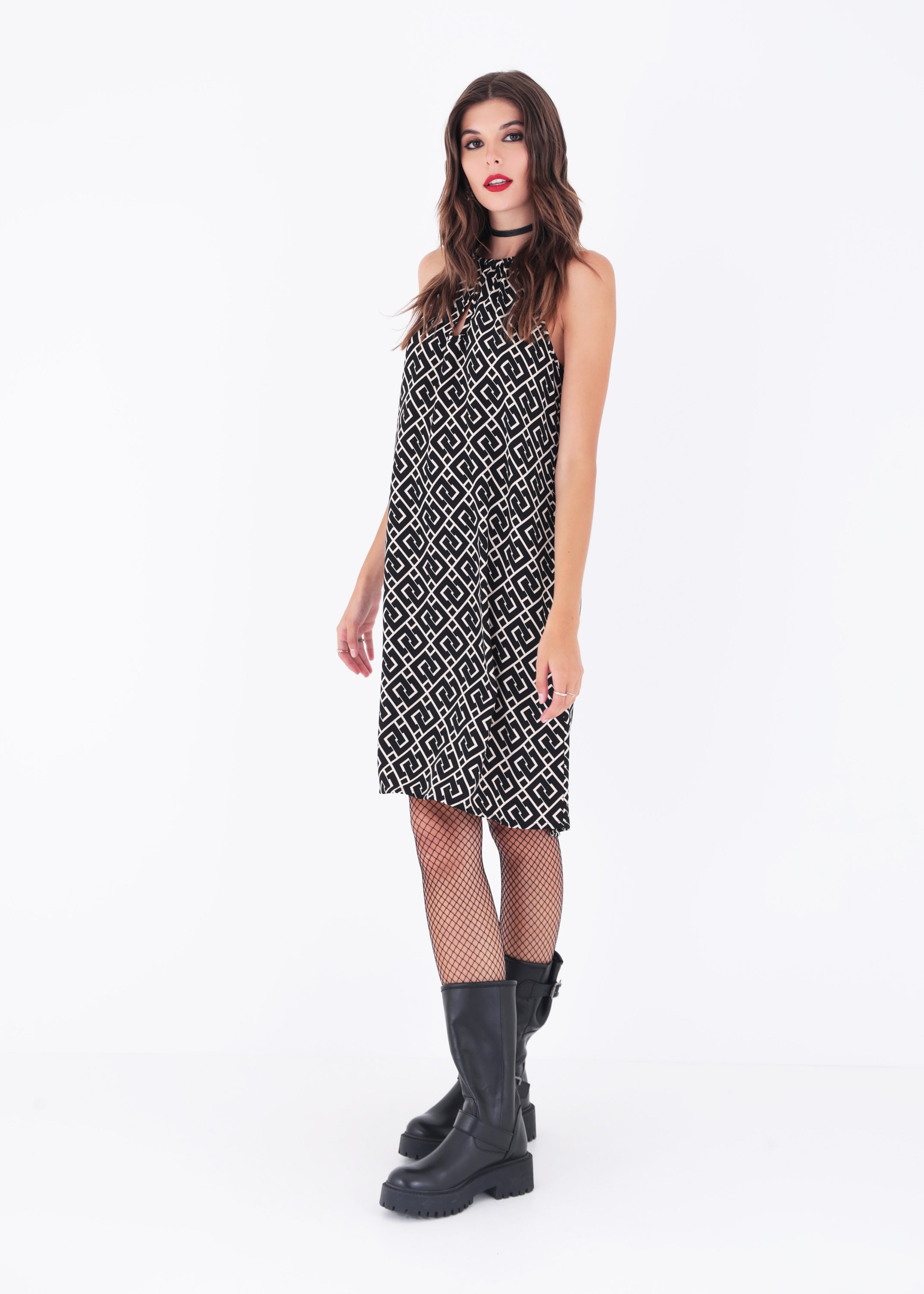 Abito corto in cady fantasia geometrica - FW23