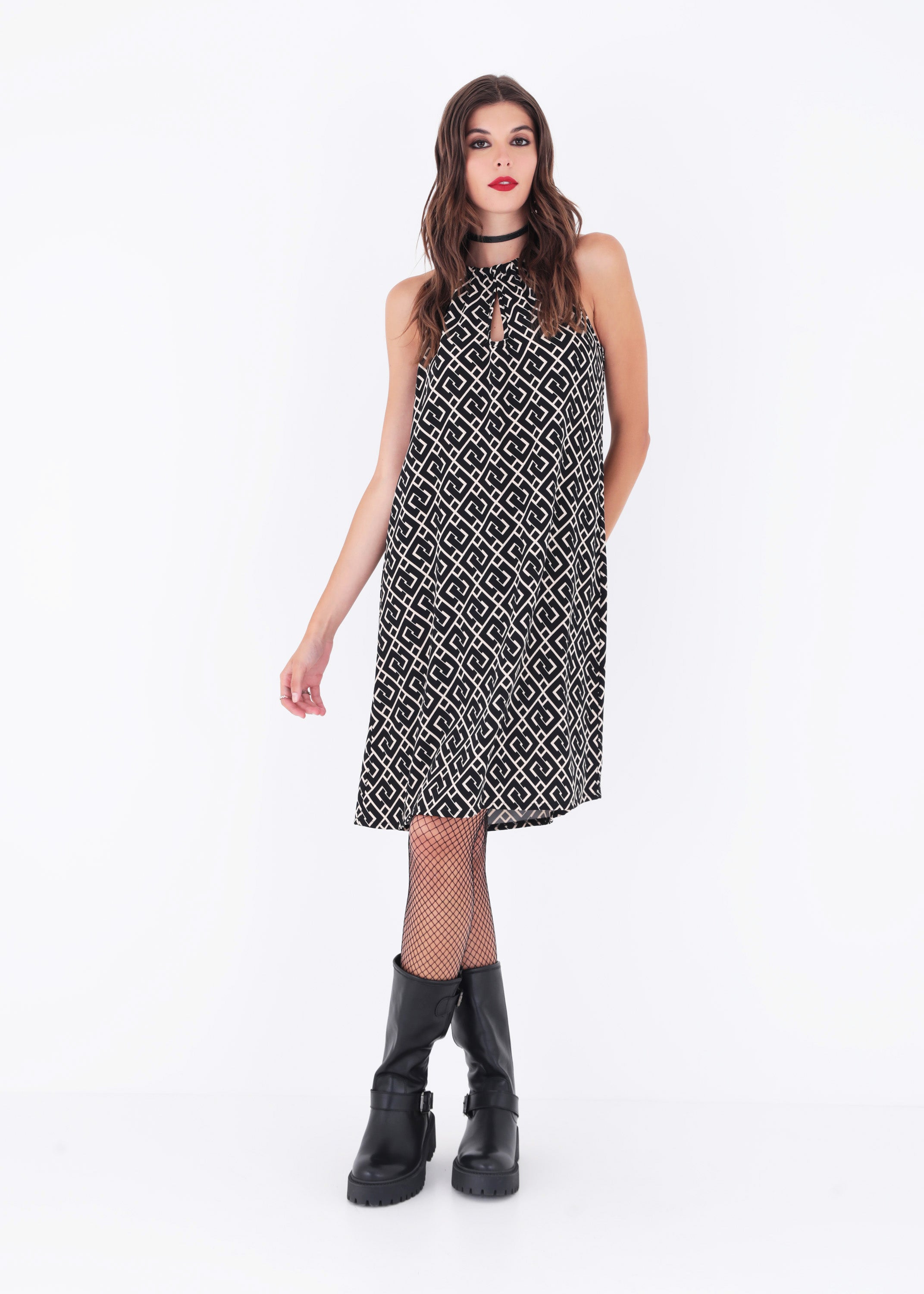 Abito corto in cady fantasia geometrica - FW23
