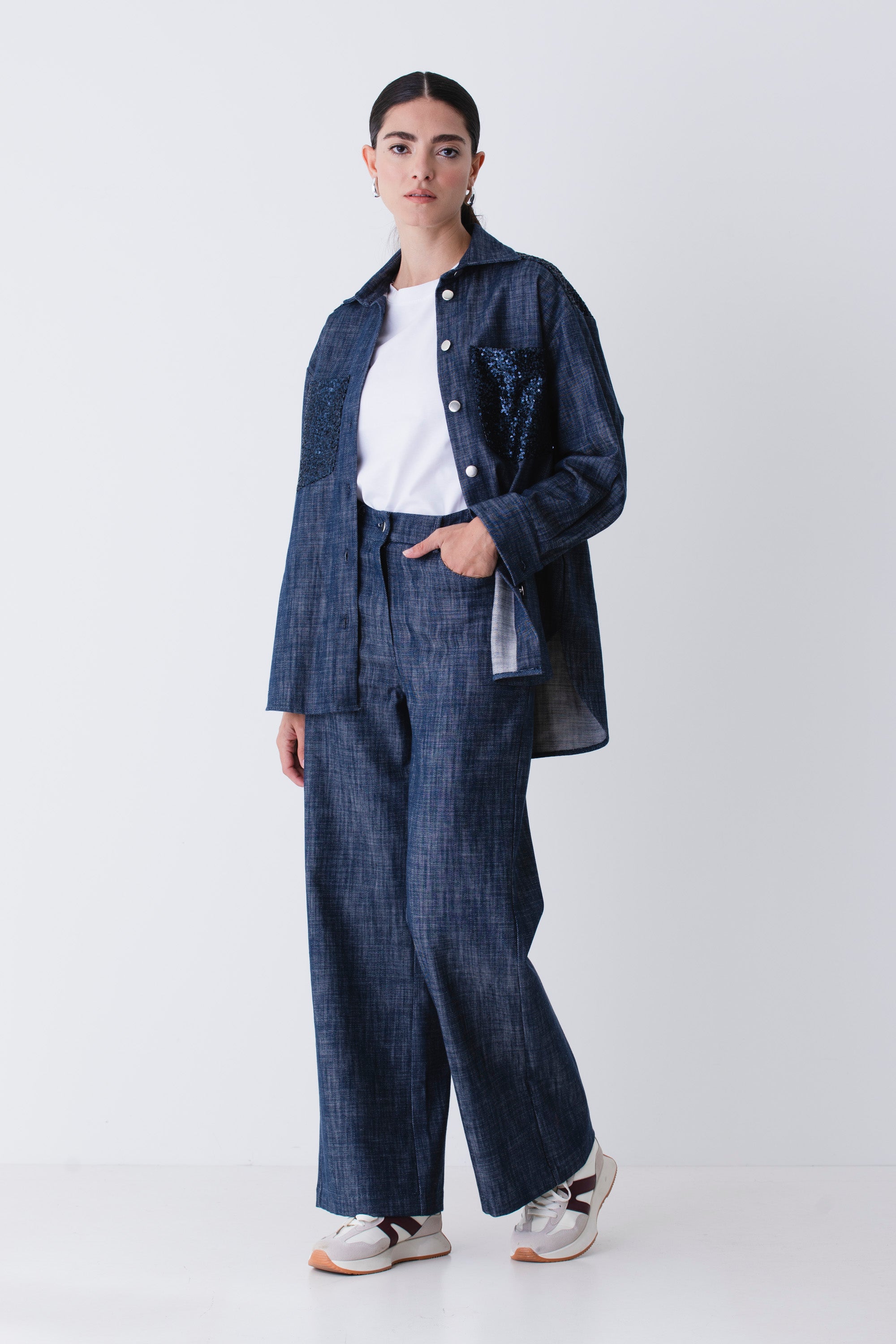 Camicia over in finto jeans con paillettes - FW26