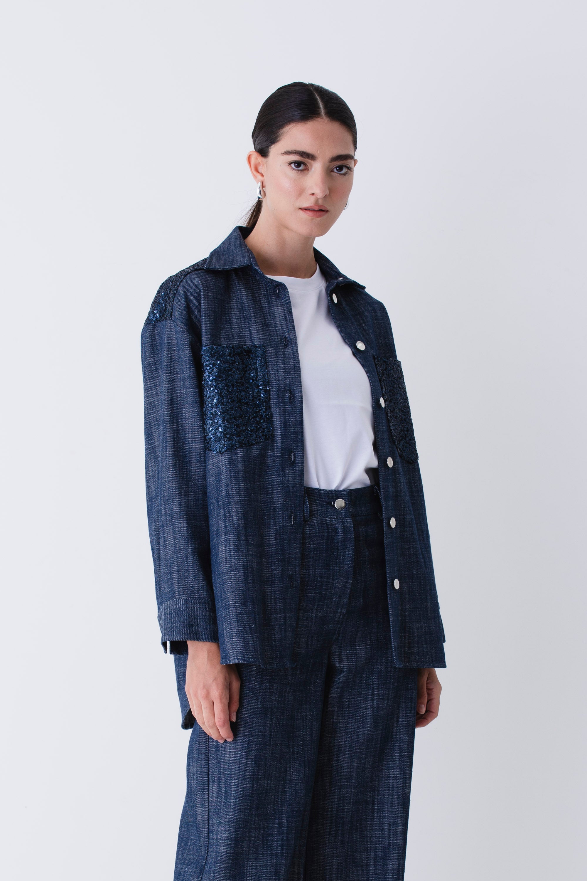 Camicia over in finto jeans con paillettes - FW26
