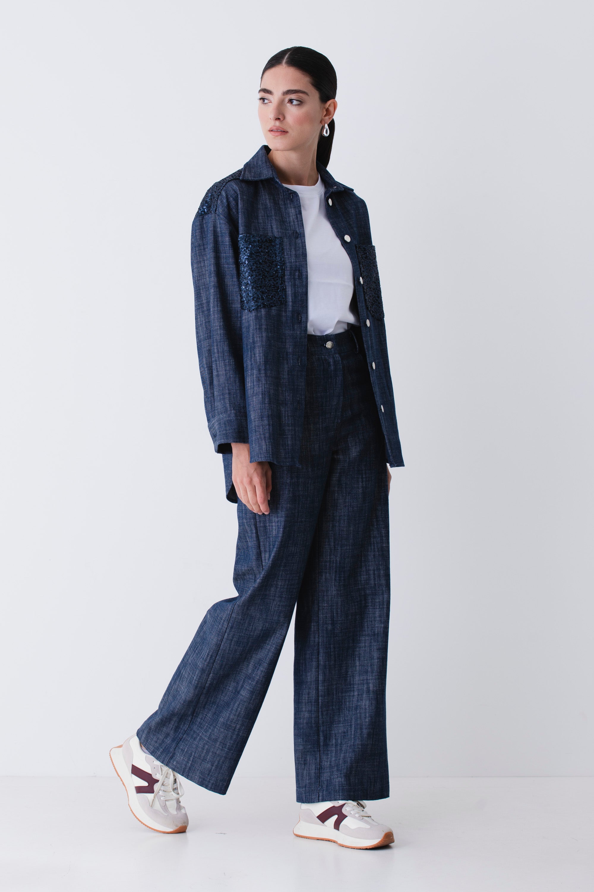 Camicia over in finto jeans con paillettes - FW26