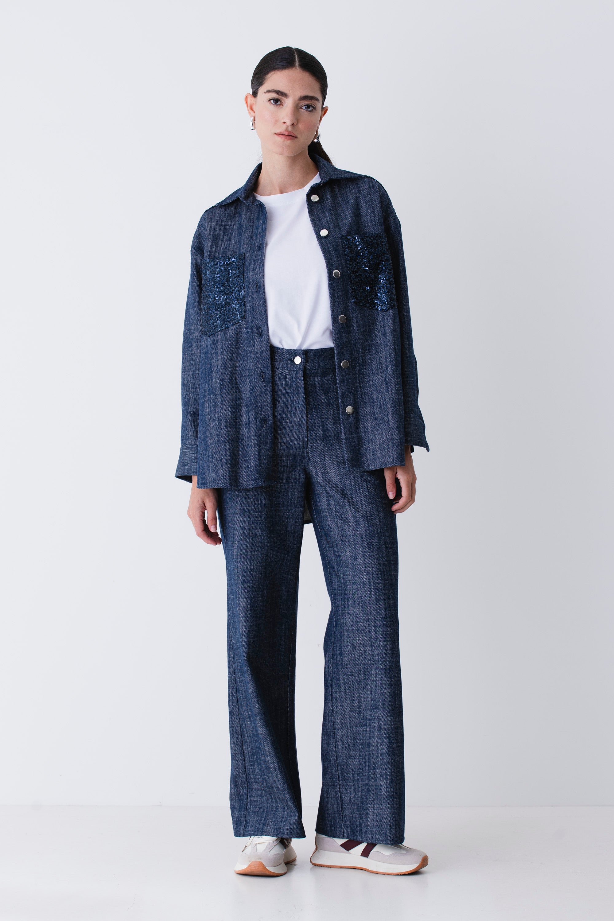 Camicia over in finto jeans con paillettes - FW26