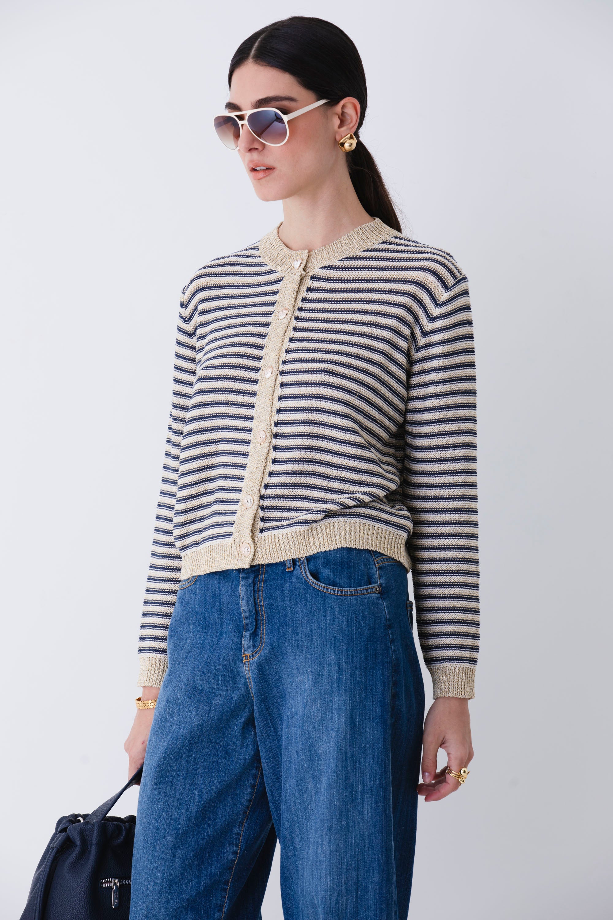 Giacca in maglia a righe orizzontali con bottoni oro - PE25
