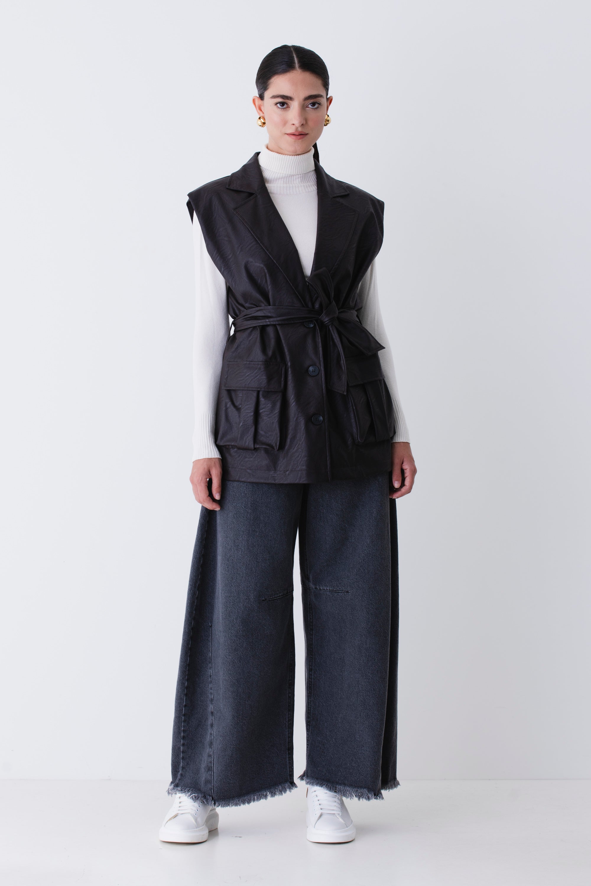 Gilet lungo ad un petto in similpelle - FW26