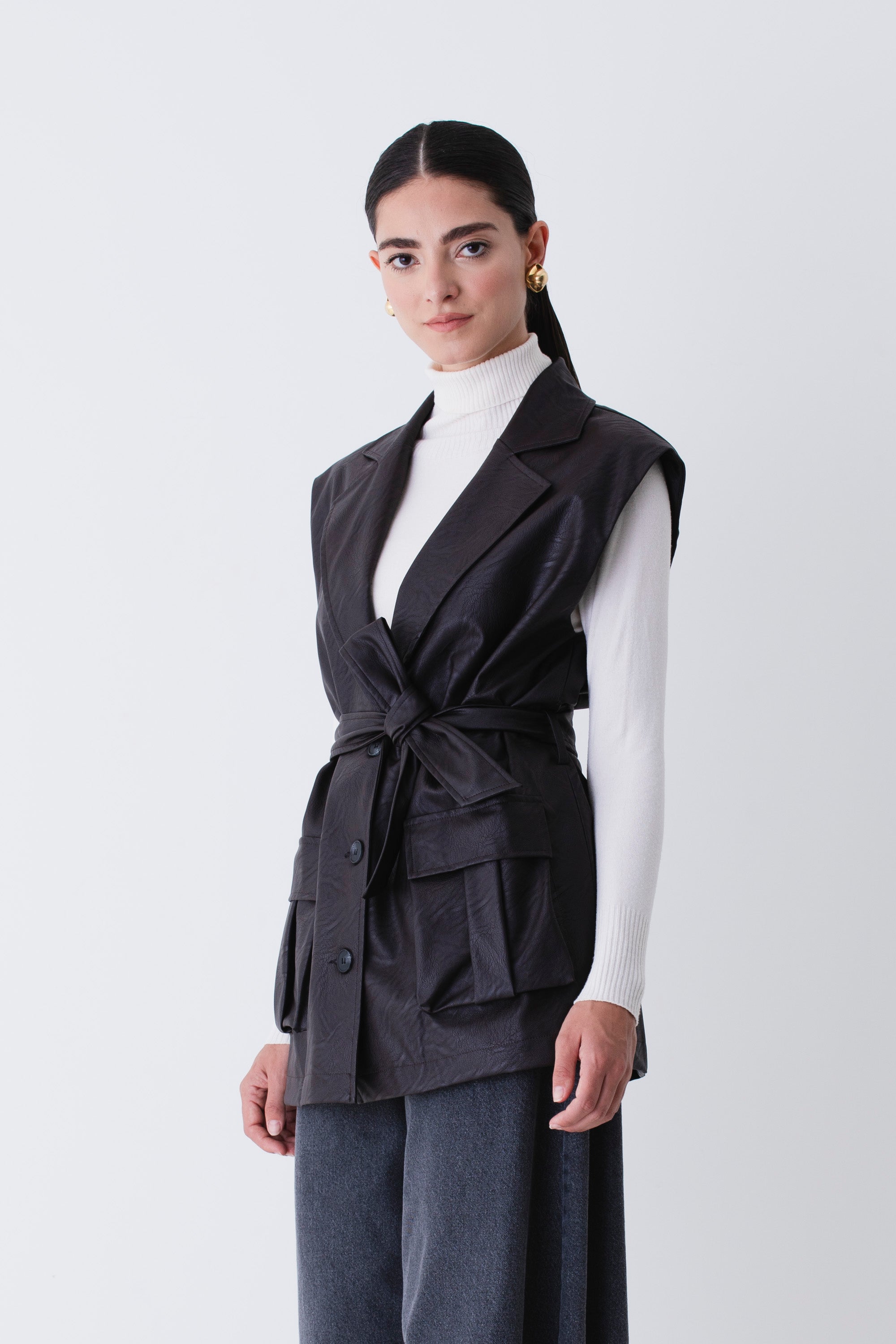 Gilet lungo ad un petto in similpelle - FW26