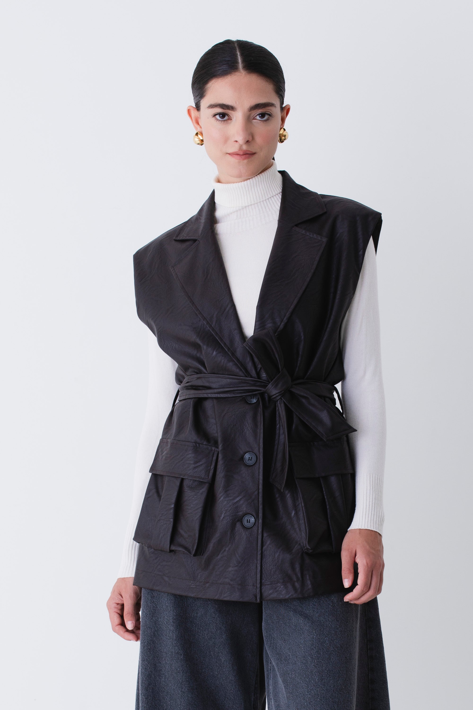 Gilet lungo ad un petto in similpelle - FW26