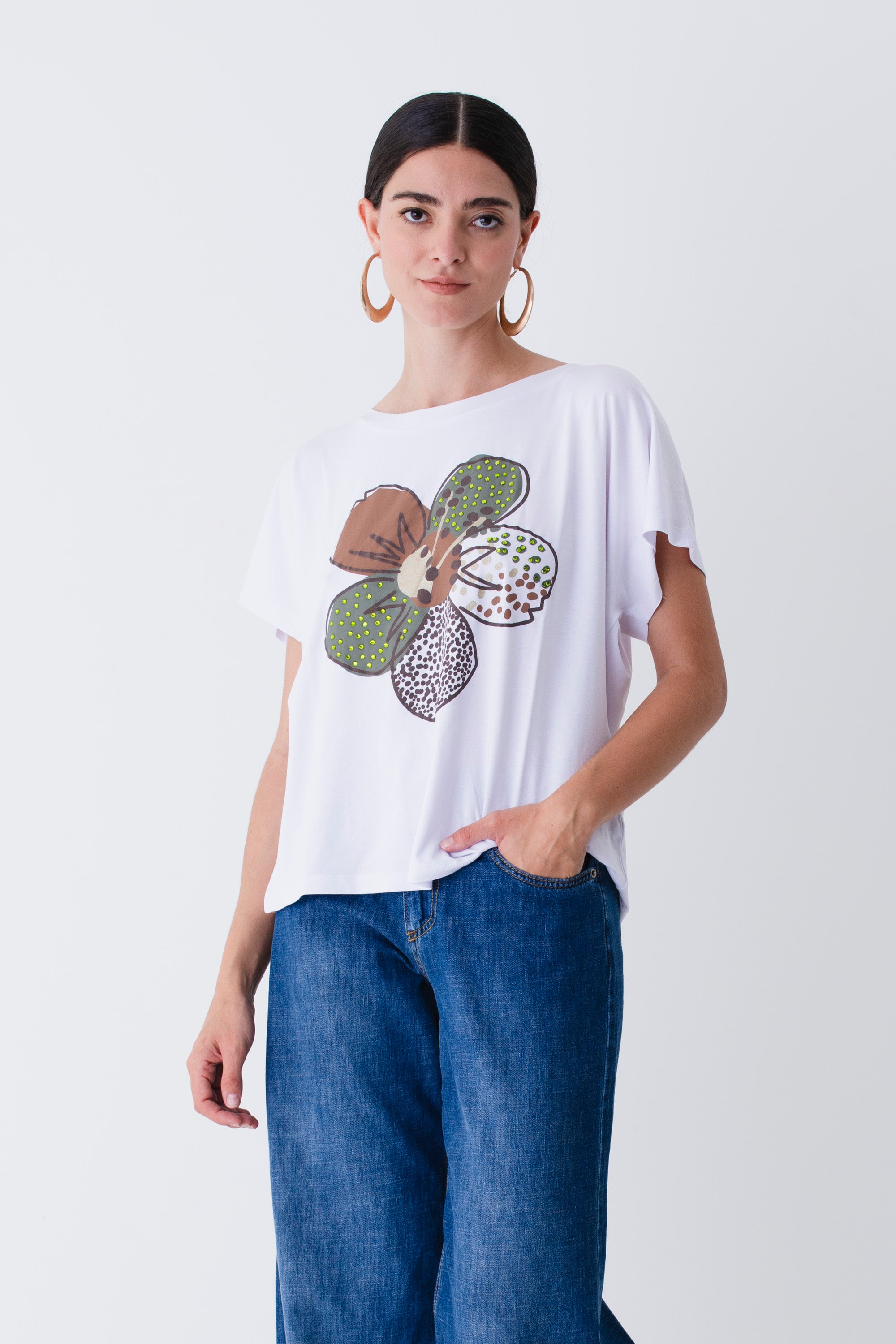 T-shirt over in viscosa con strass - PE25