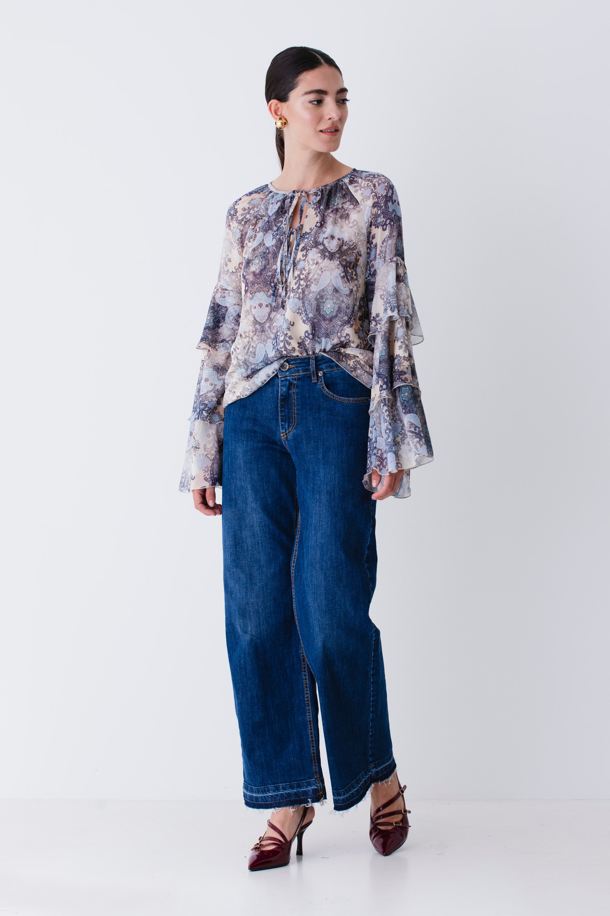 Blusa con balze in georgette fantasia cachemire - FW26