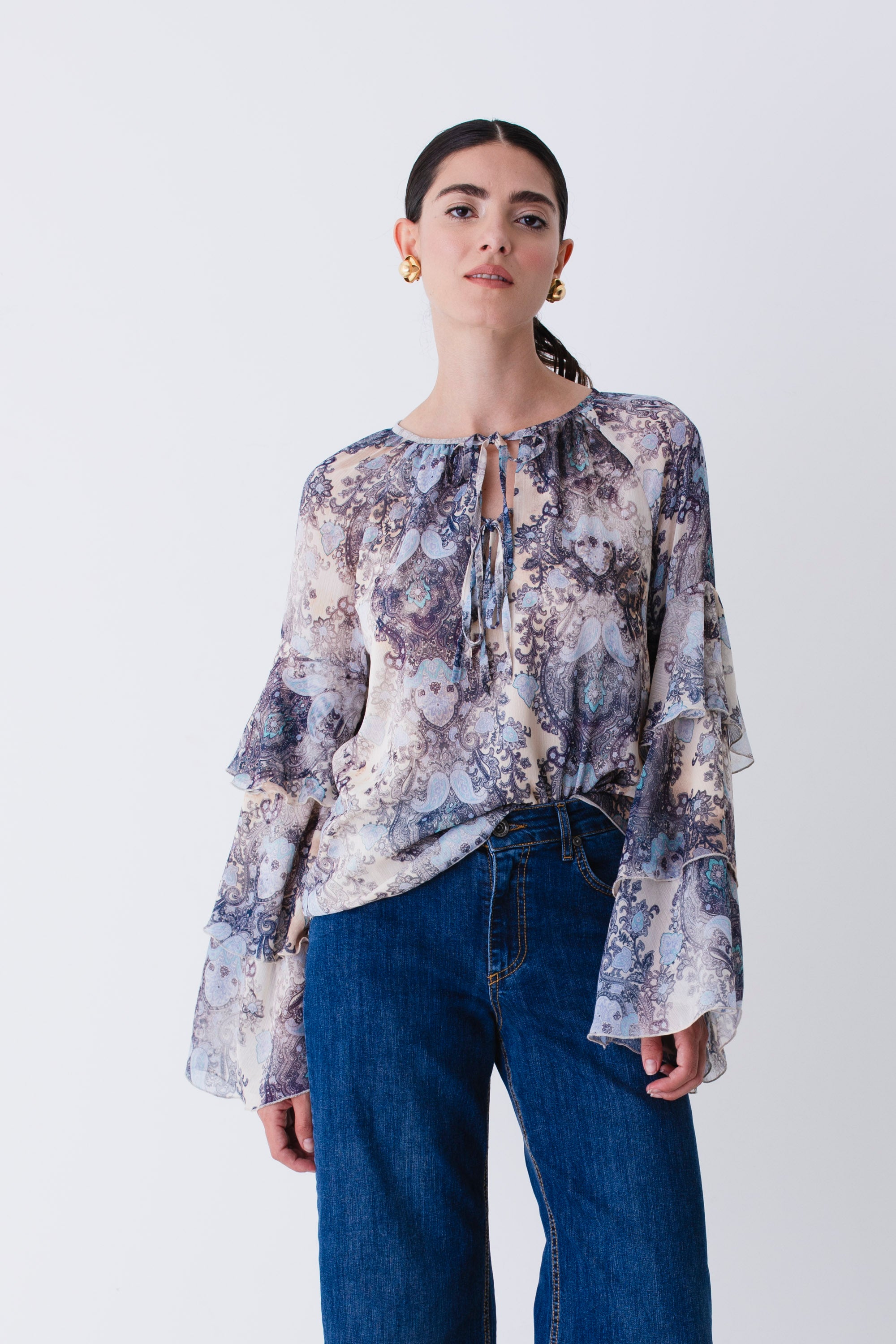 Blusa con balze in georgette fantasia cachemire - FW26