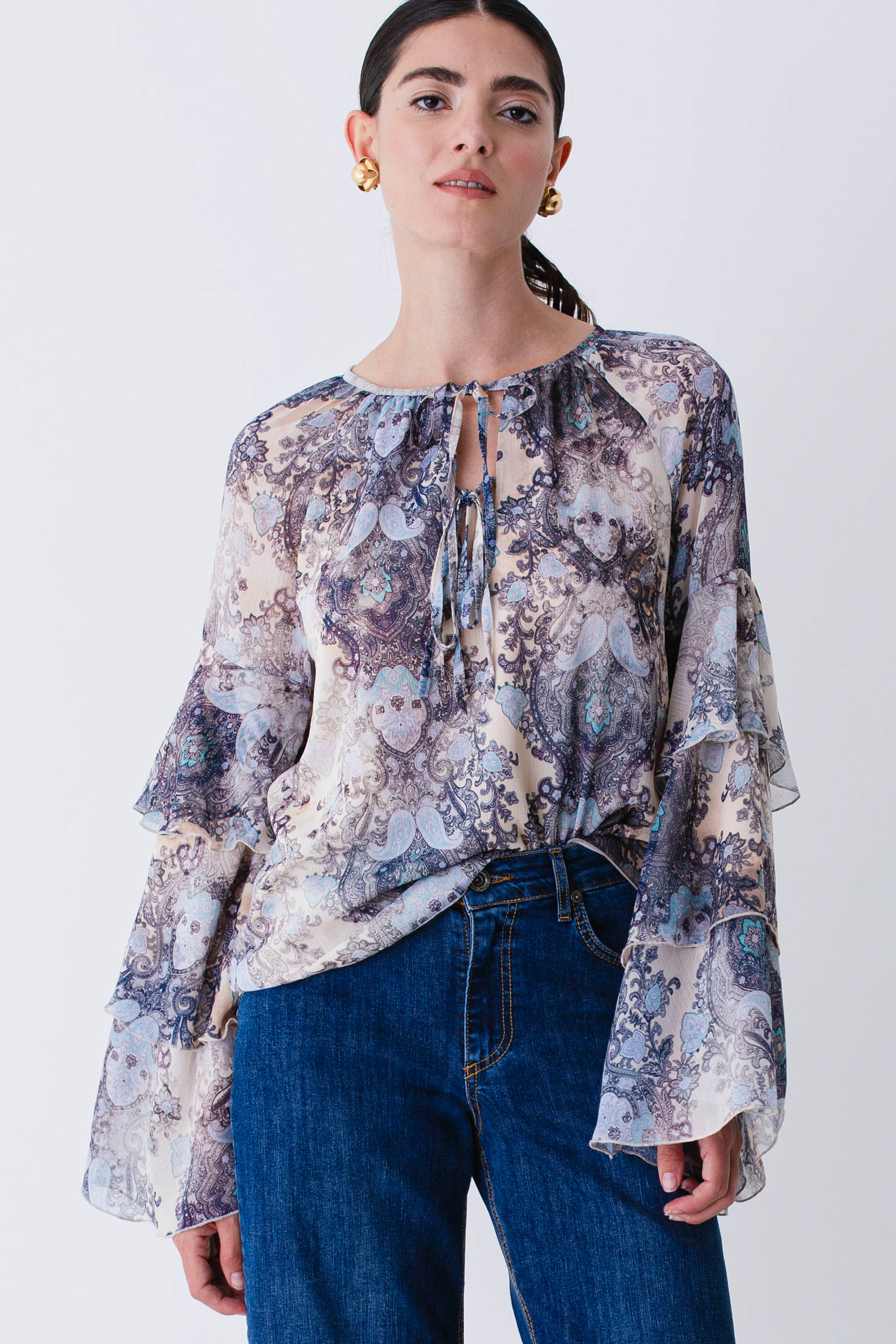 Blusa con balze in georgette fantasia cachemire - FW26