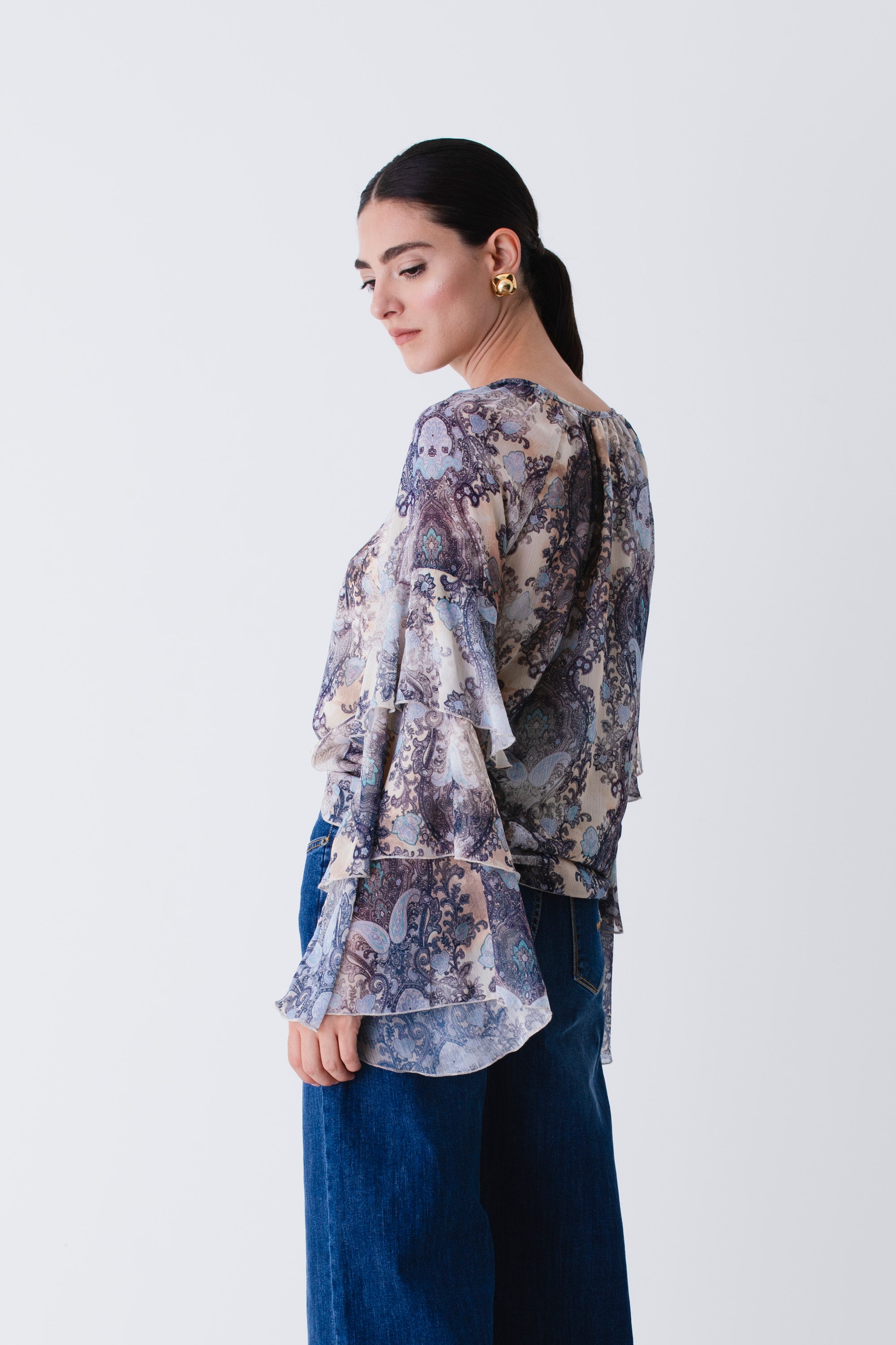 Blusa con balze in georgette fantasia cachemire - FW26