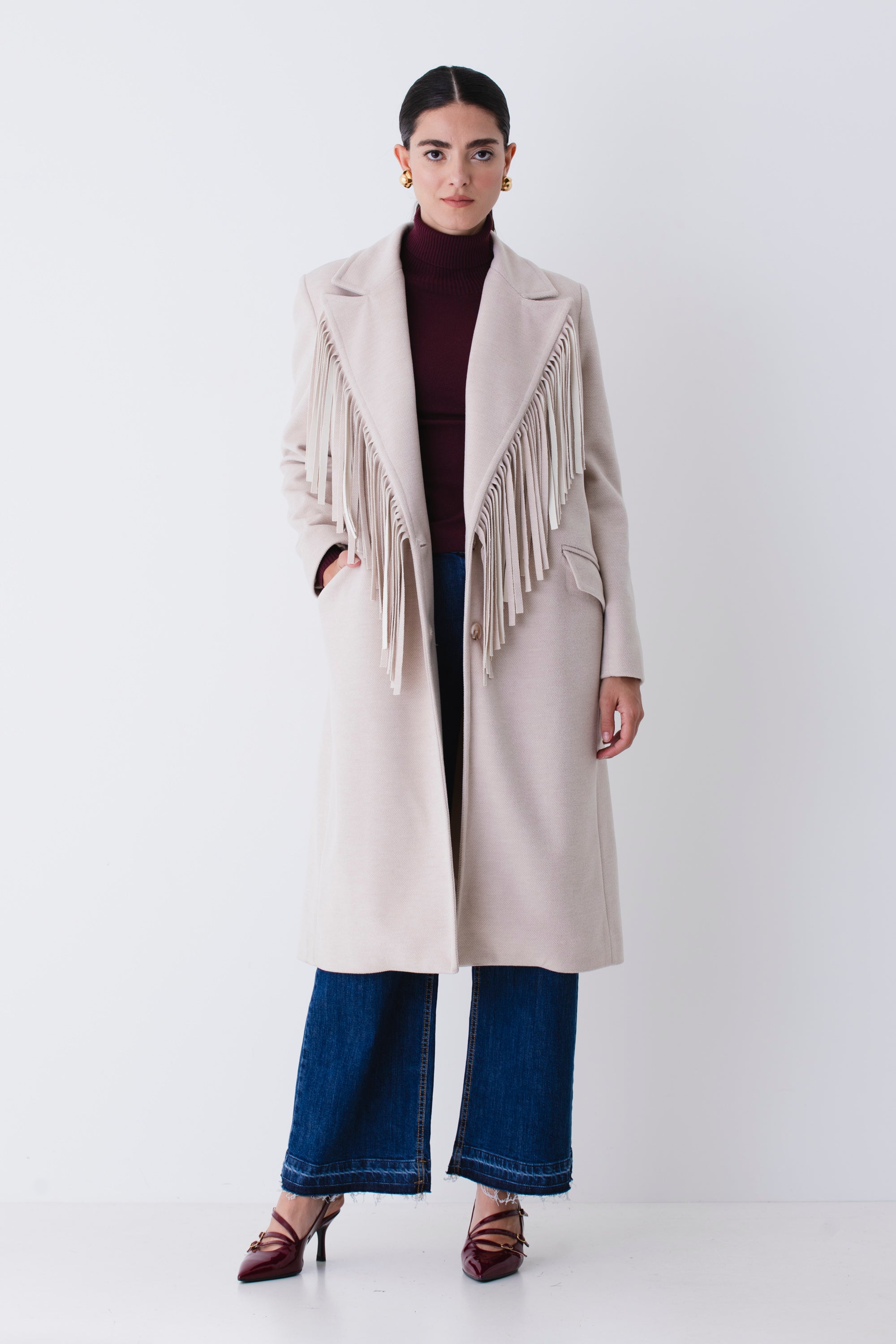 Cappotto lungo ad un petto con frange - FW26