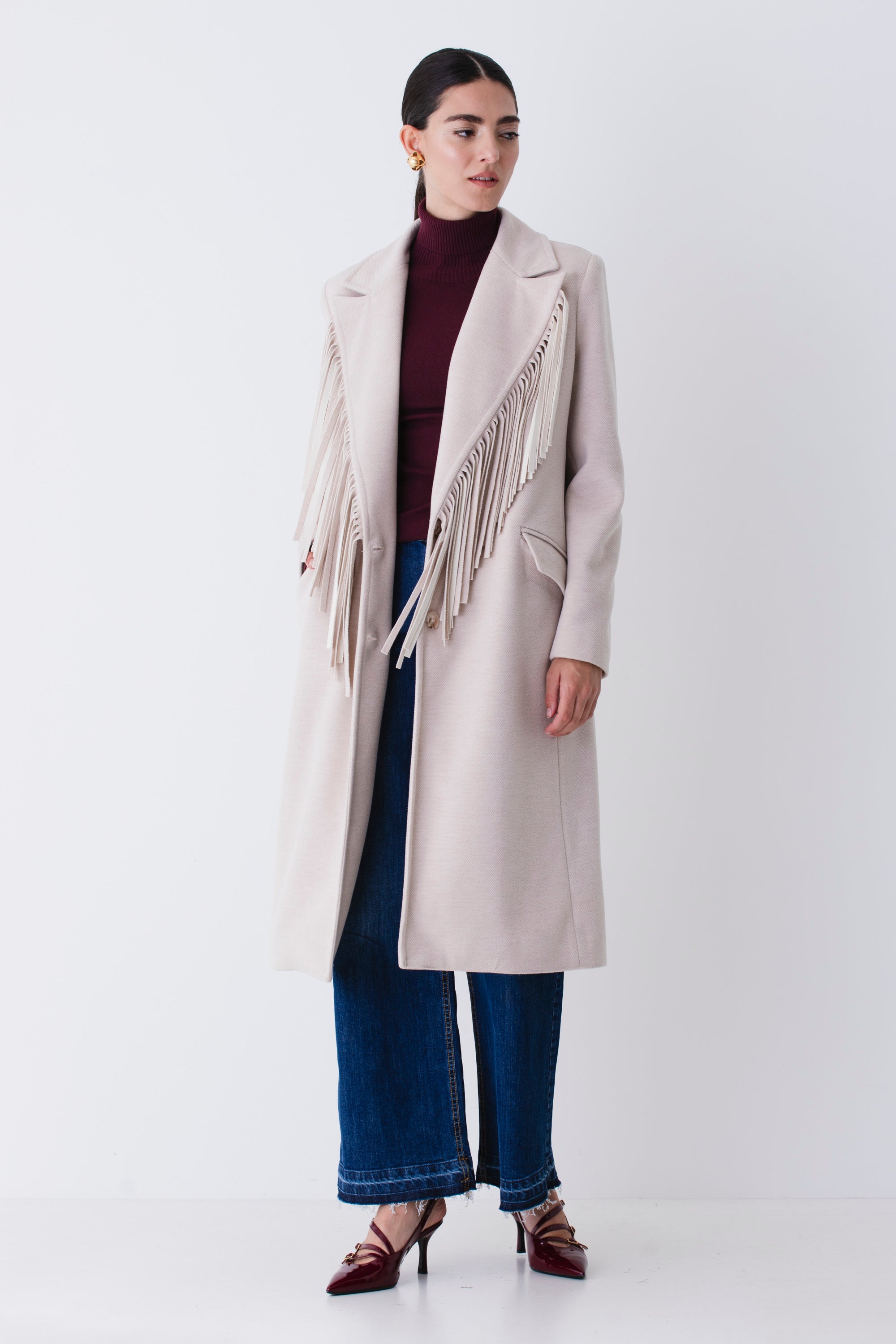 Cappotto lungo ad un petto con frange - FW26