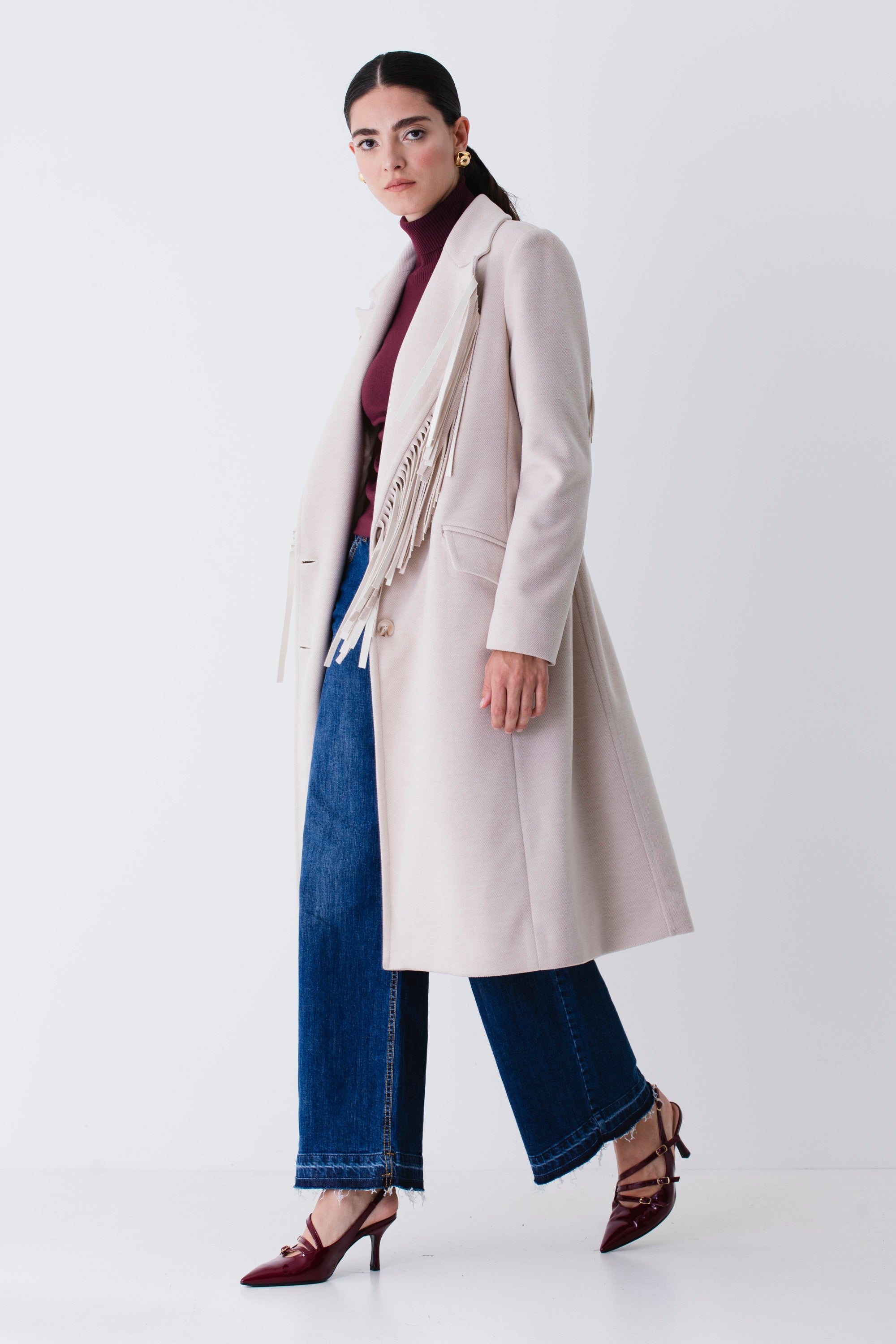 Cappotto lungo ad un petto con frange - FW26