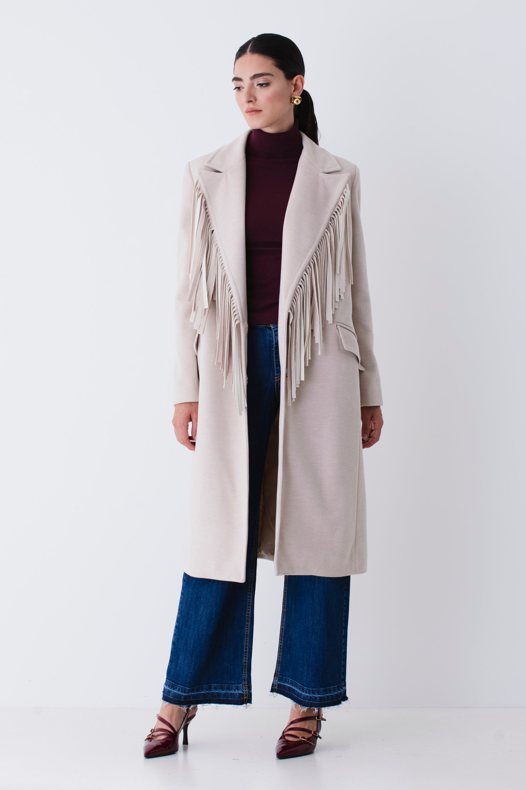 Cappotto lungo ad un petto con frange - FW26