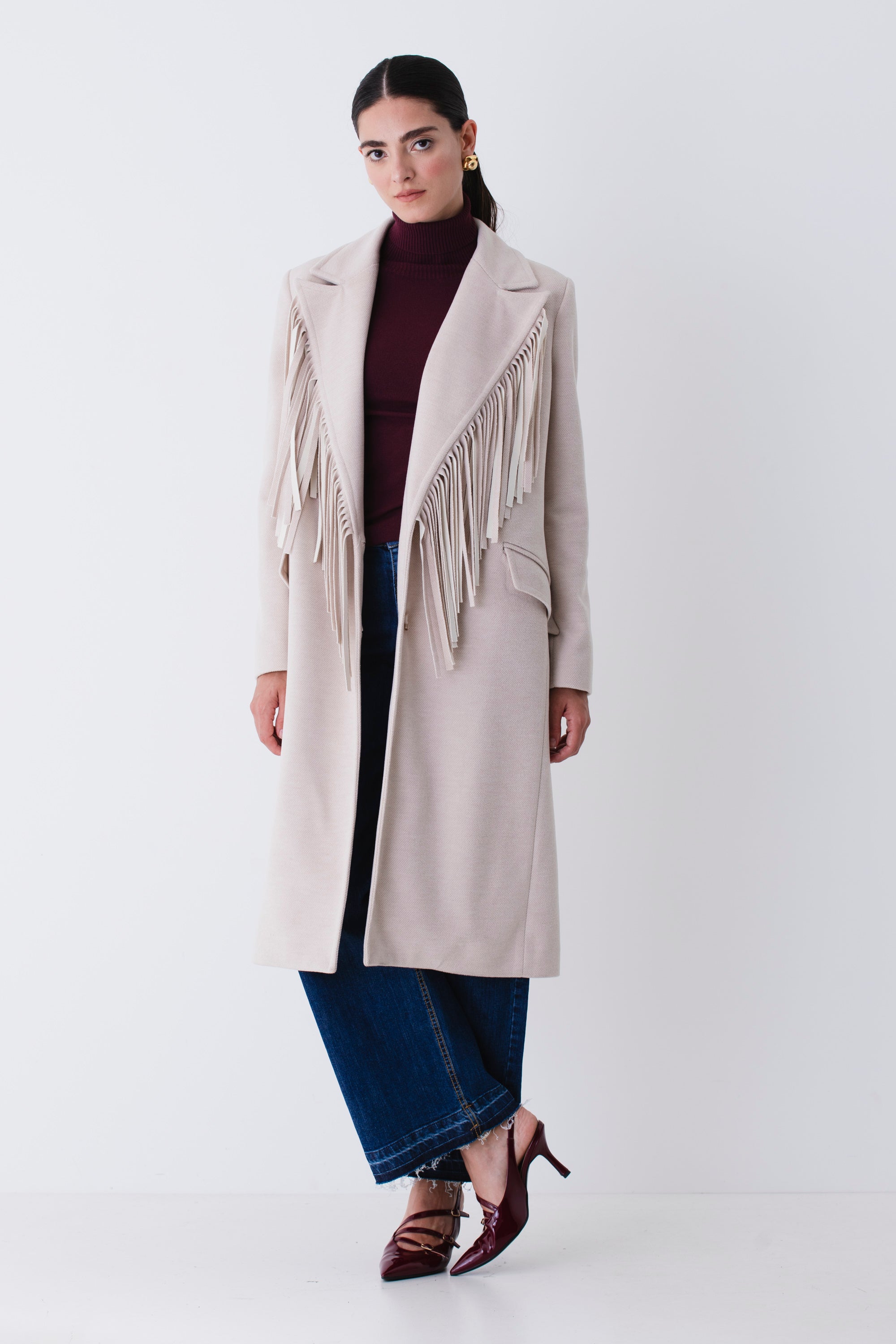 Cappotto lungo ad un petto con frange - FW26