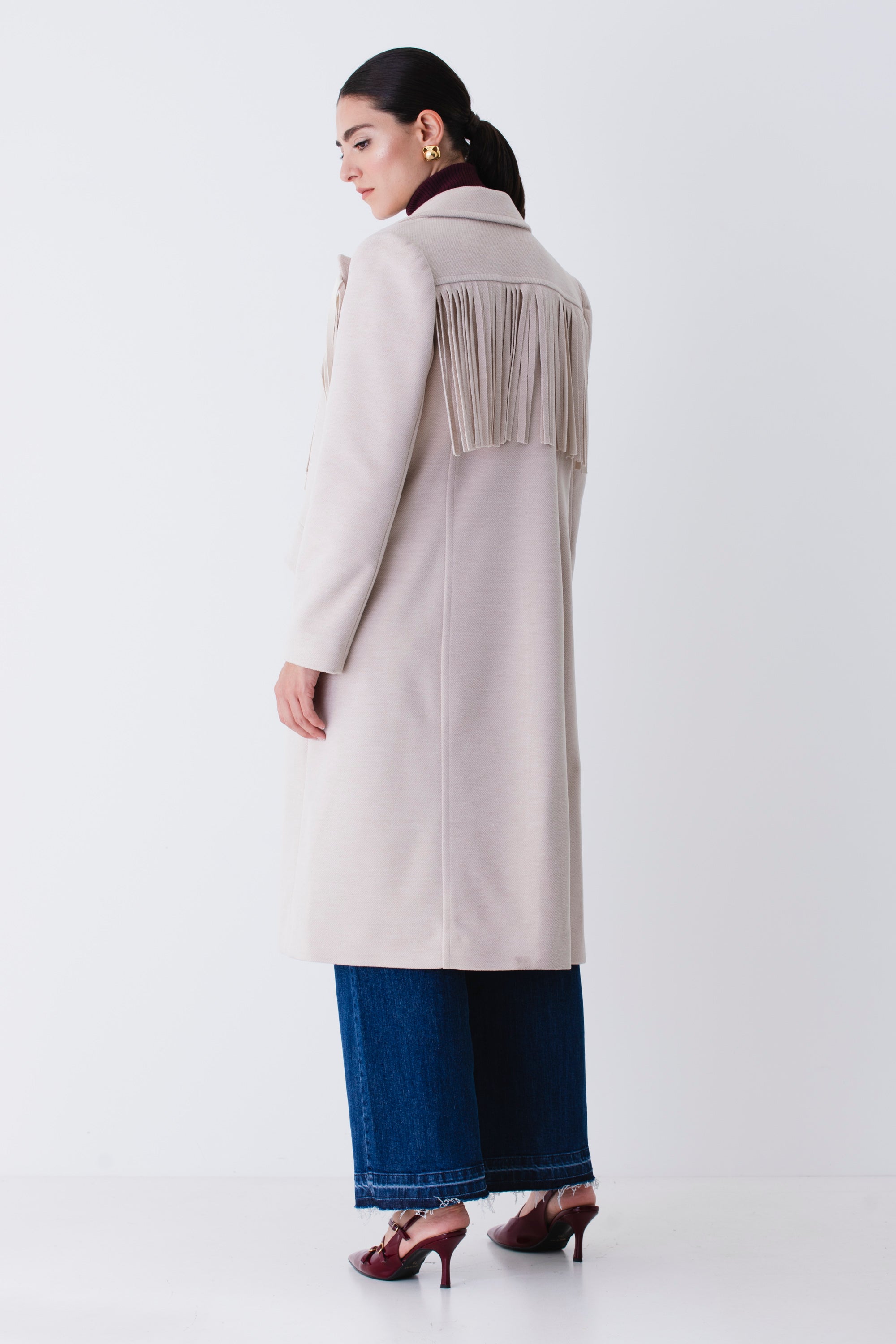 Cappotto lungo ad un petto con frange - FW26