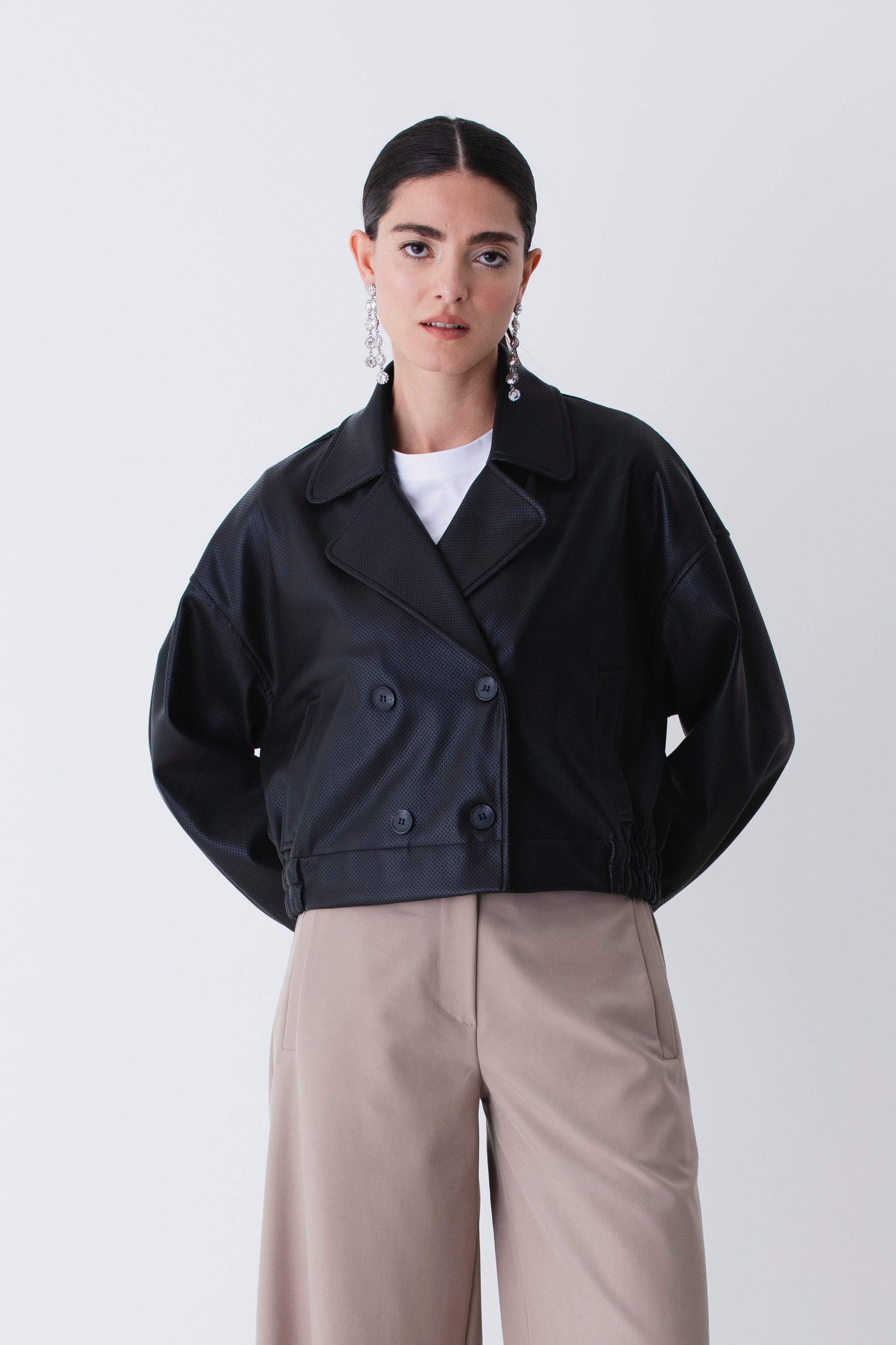 Giacca doppio petto in similpelle traforata - FW26