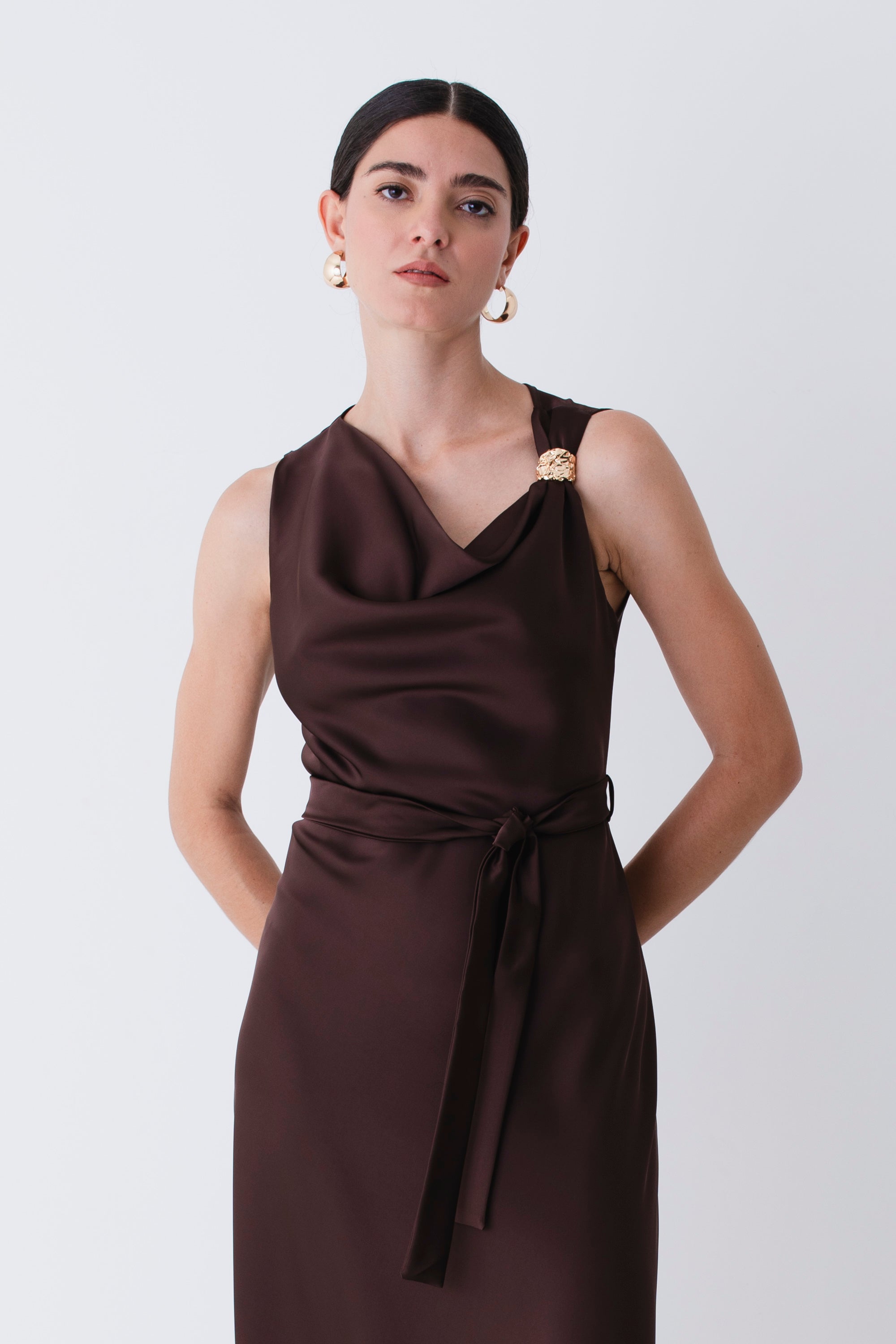 Abito midi in raso con applicazione oro - FW26