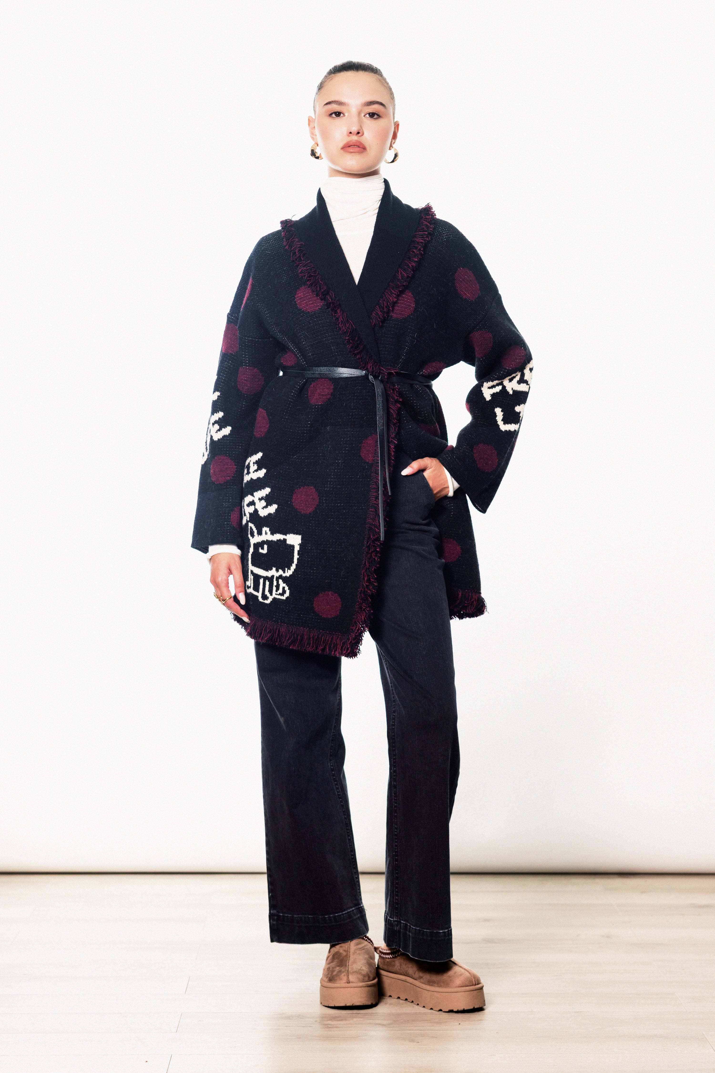 Cardigan lungo in misto lana con pois e scritte - FW26