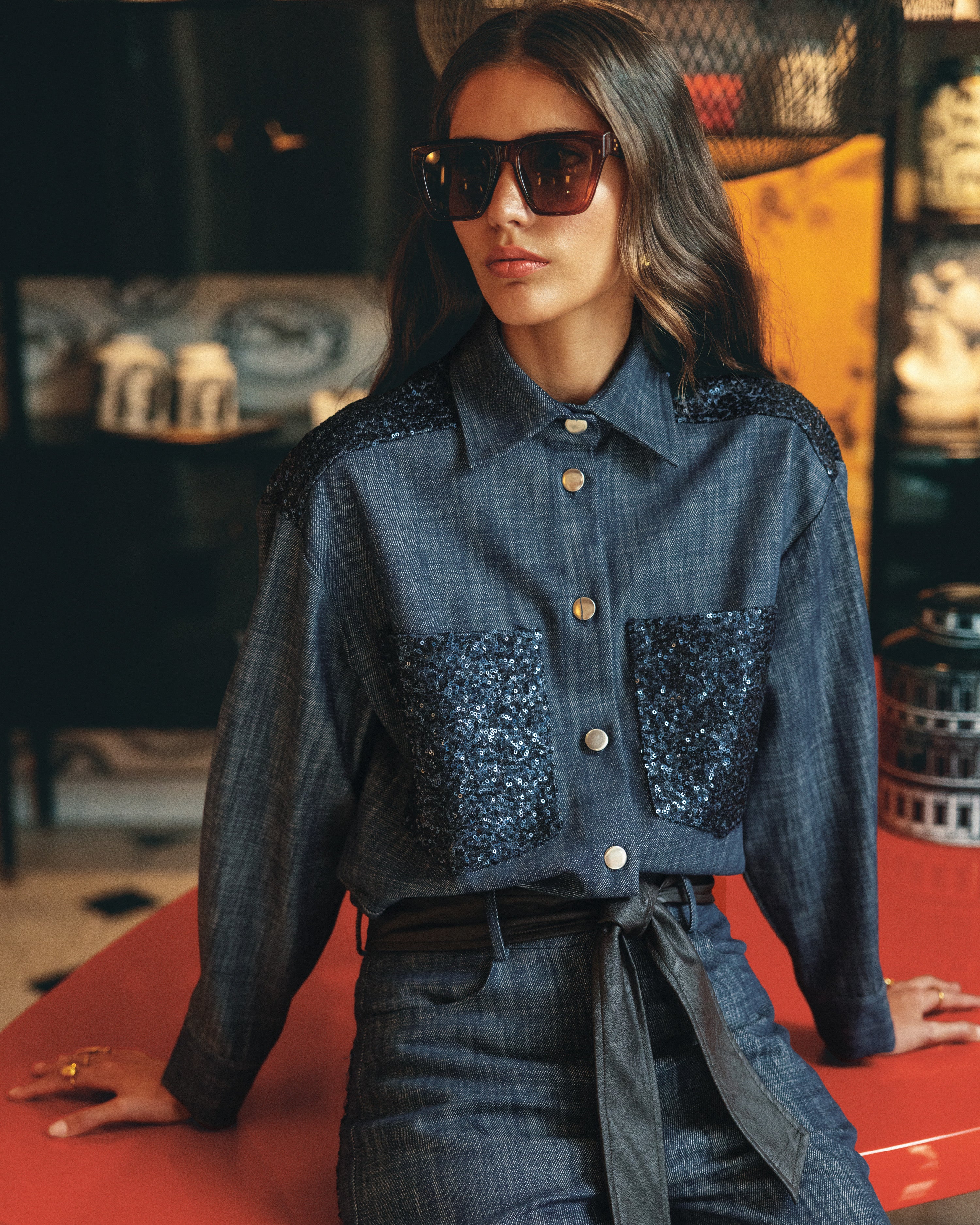 Camicia over in finto jeans con paillettes - FW26
