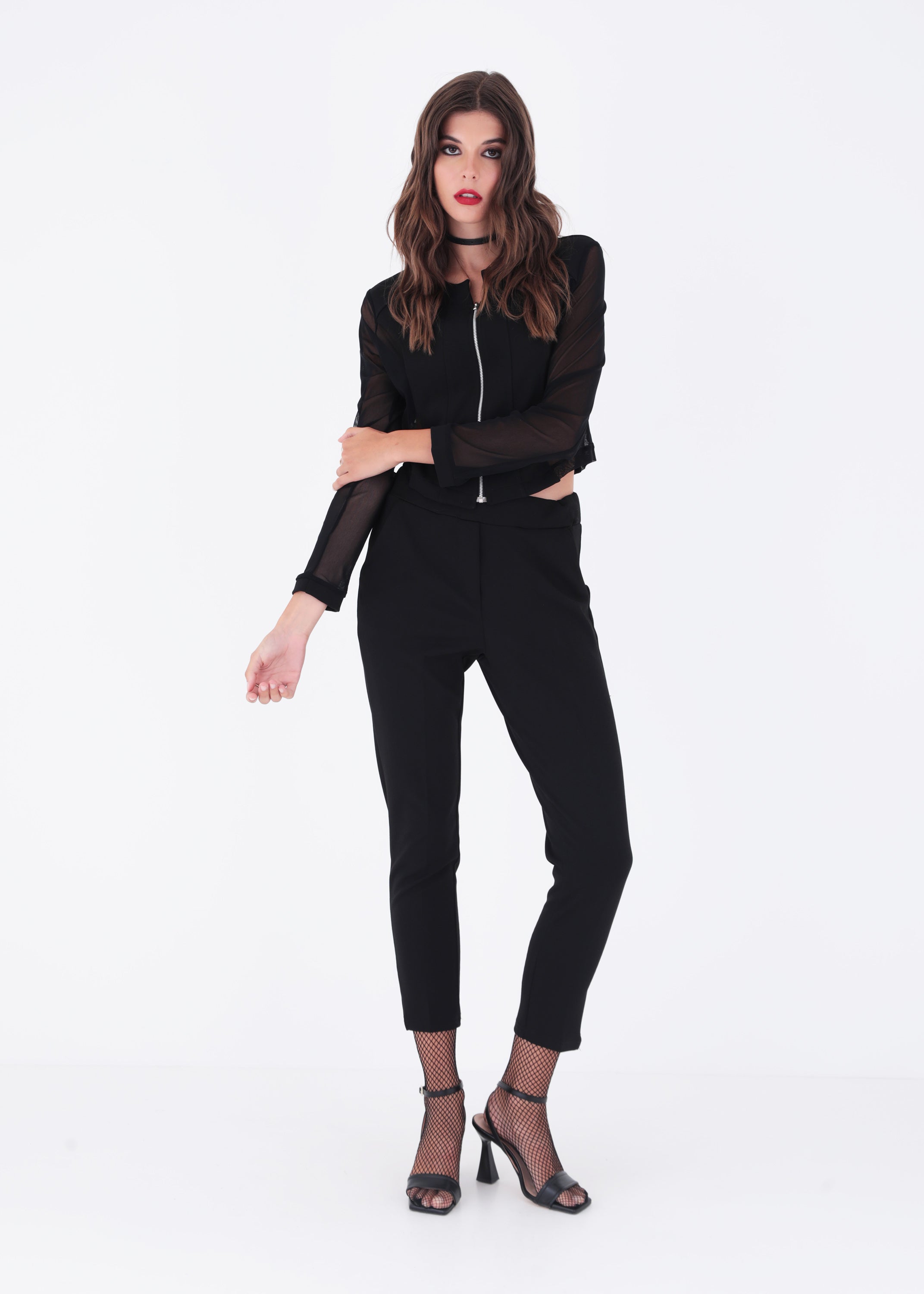 Giacca crop con cerniera in scuba crepe e tulle - FW23