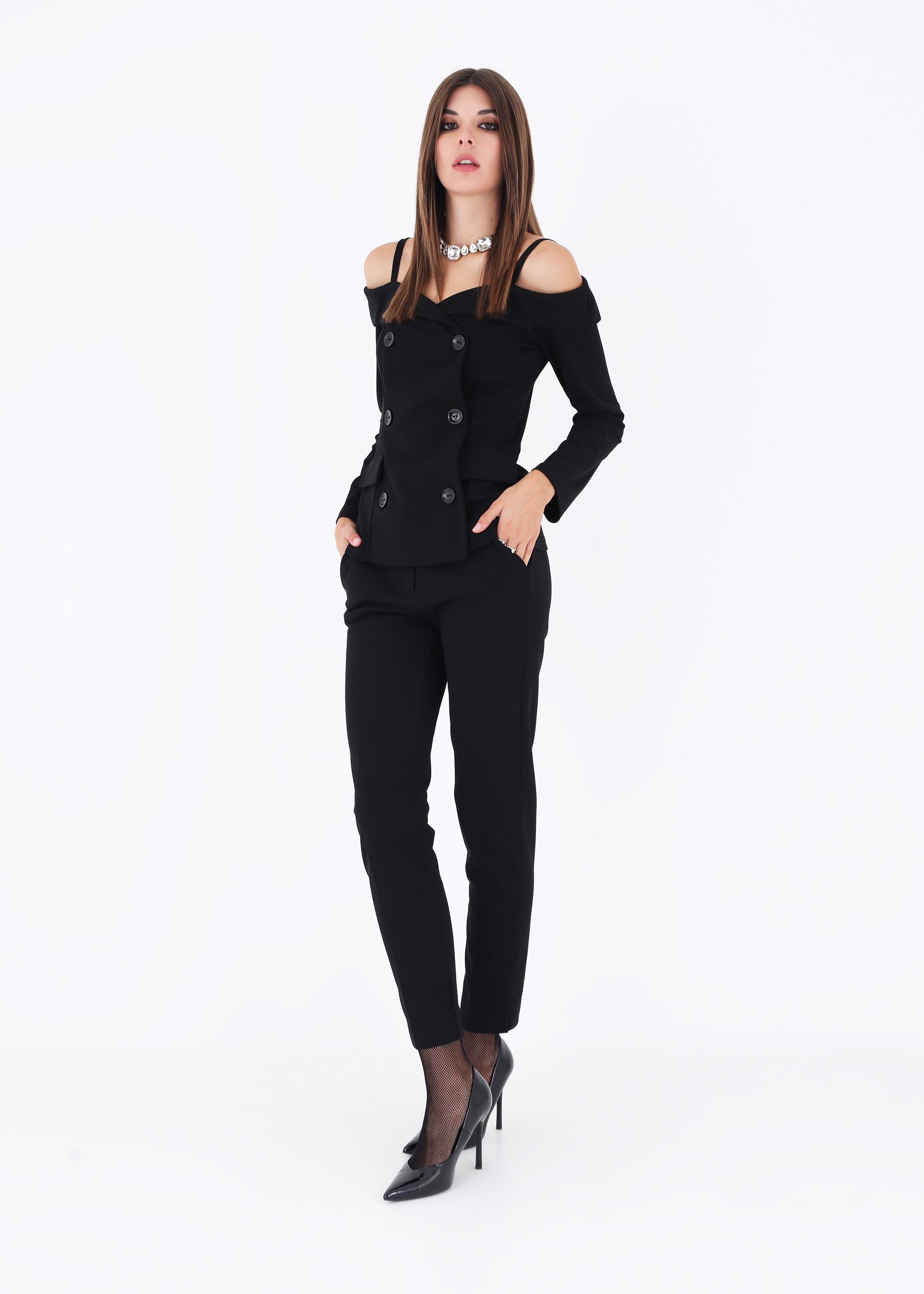 Blazer doppio petto in scuba crepe con spalle scoperte - FW23