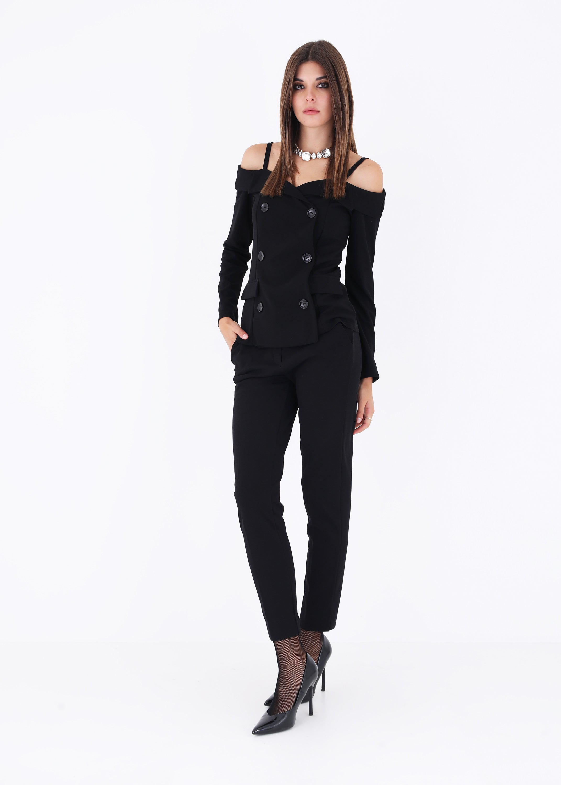 Blazer doppio petto in scuba crepe con spalle scoperte - FW23
